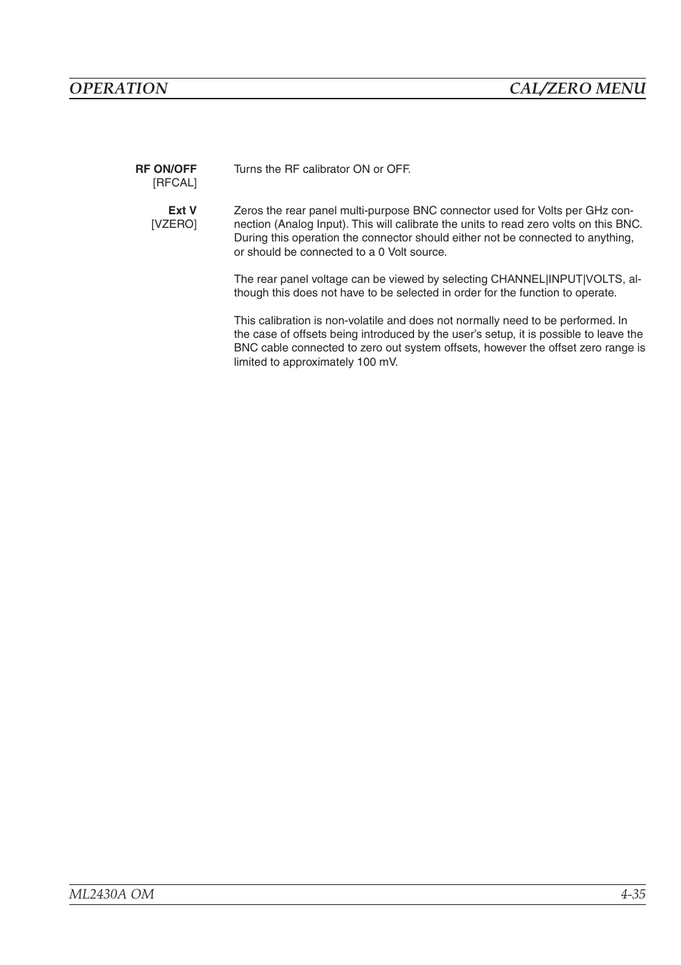 Sensor zero/cal -3, Operation cal/zero menu | Anritsu ML2430A User Manual | Page 63 / 271