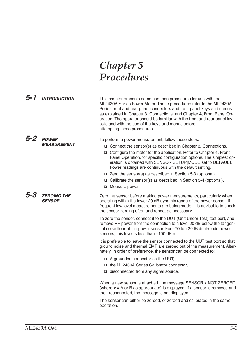 Chapter 5, Performance verification -4, Printer connection -4 | Gpib remote operation -4, Chapter 5 procedures | Anritsu ML2430A User Manual | Page 64 / 271