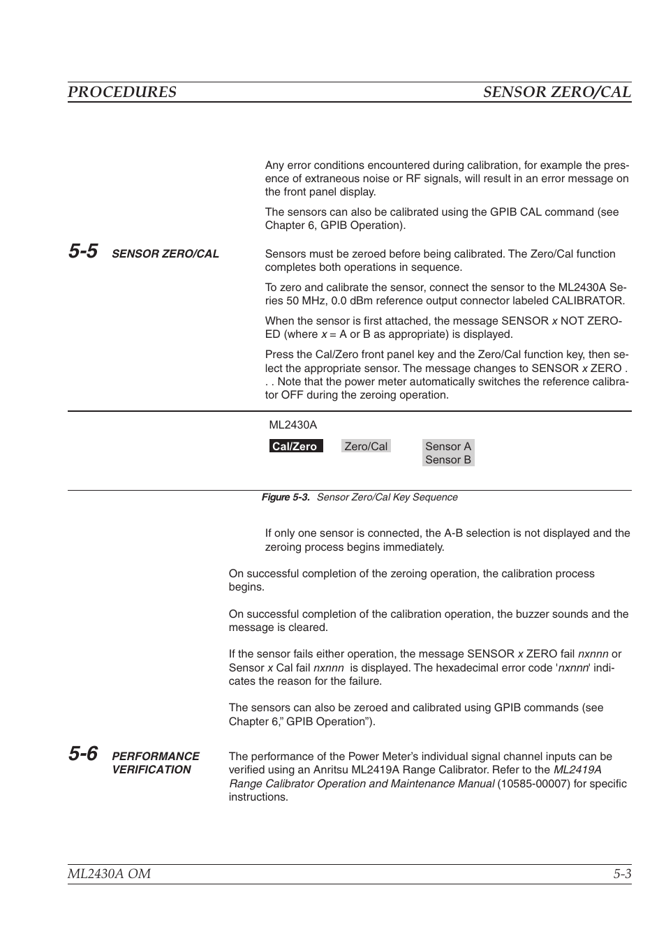 Rs232 modem support -6, Procedures sensor zero/cal | Anritsu ML2430A User Manual | Page 66 / 271