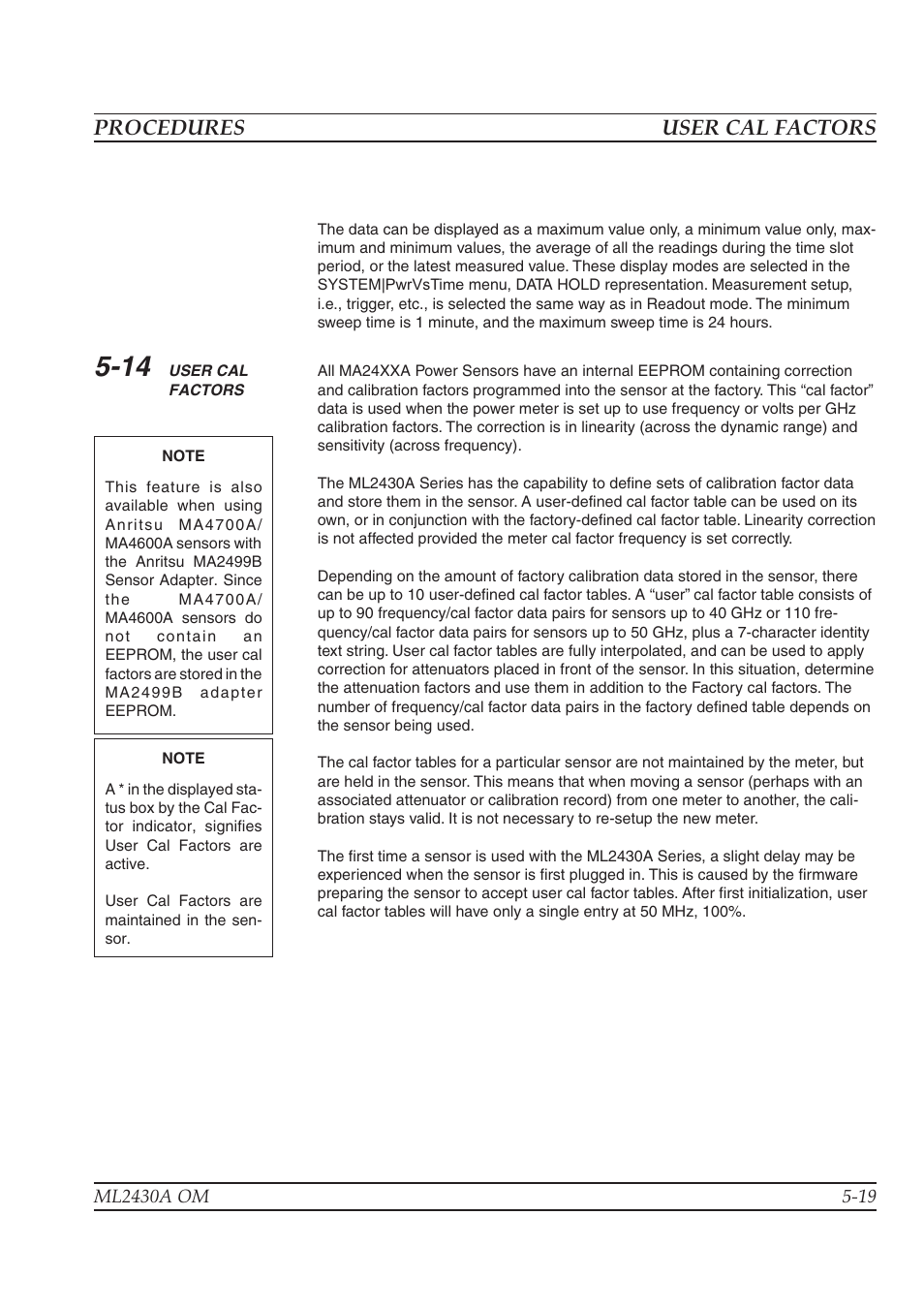Procedures user cal factors | Anritsu ML2430A User Manual | Page 82 / 271
