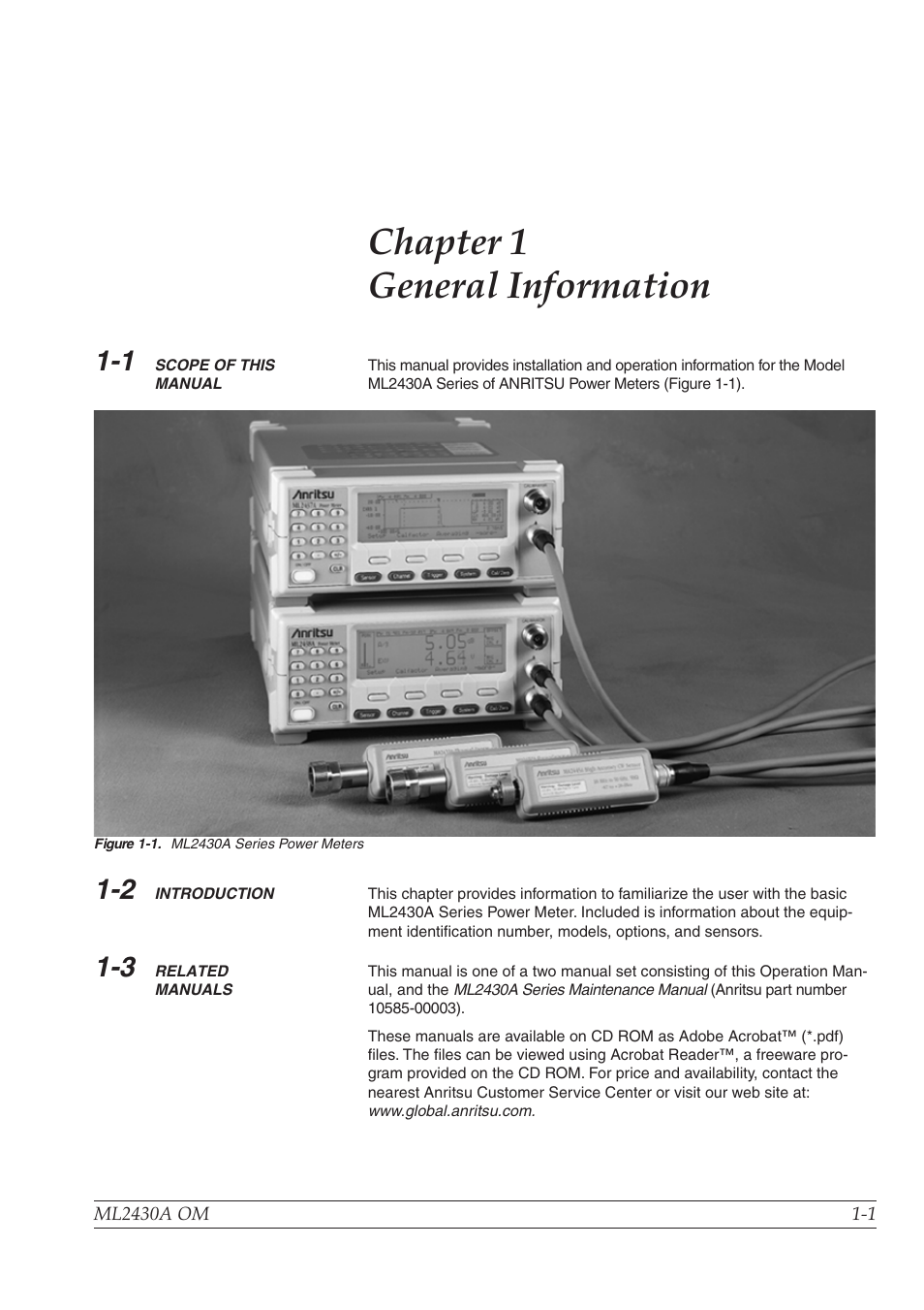 Chapter 1, Scope of this manual -1, Introduction -1 | Related manuals -1, Chapter 1 general information | Anritsu ML2430A User Manual | Page 9 / 271