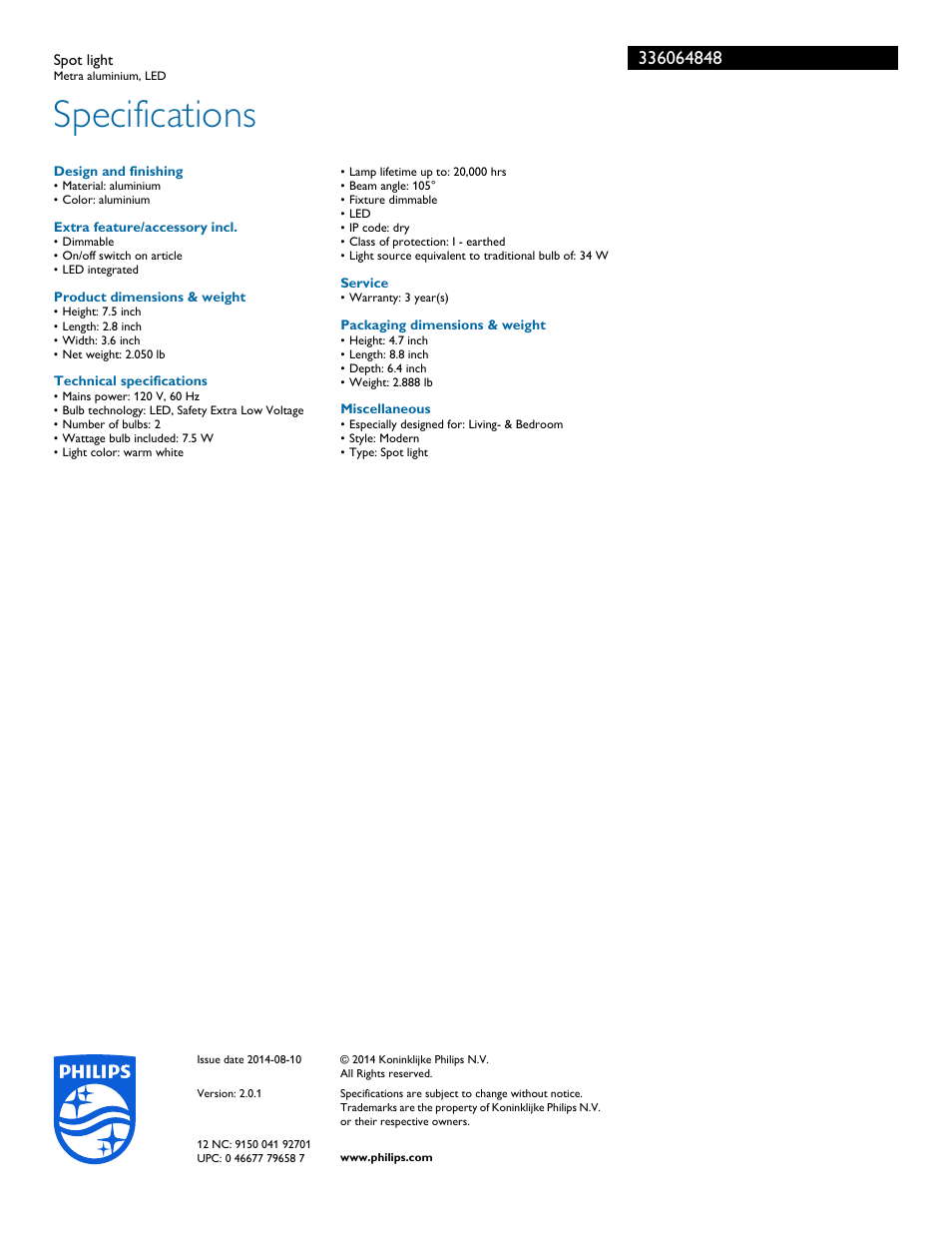 Specifications | Philips 336064848 User Manual | Page 3 / 3