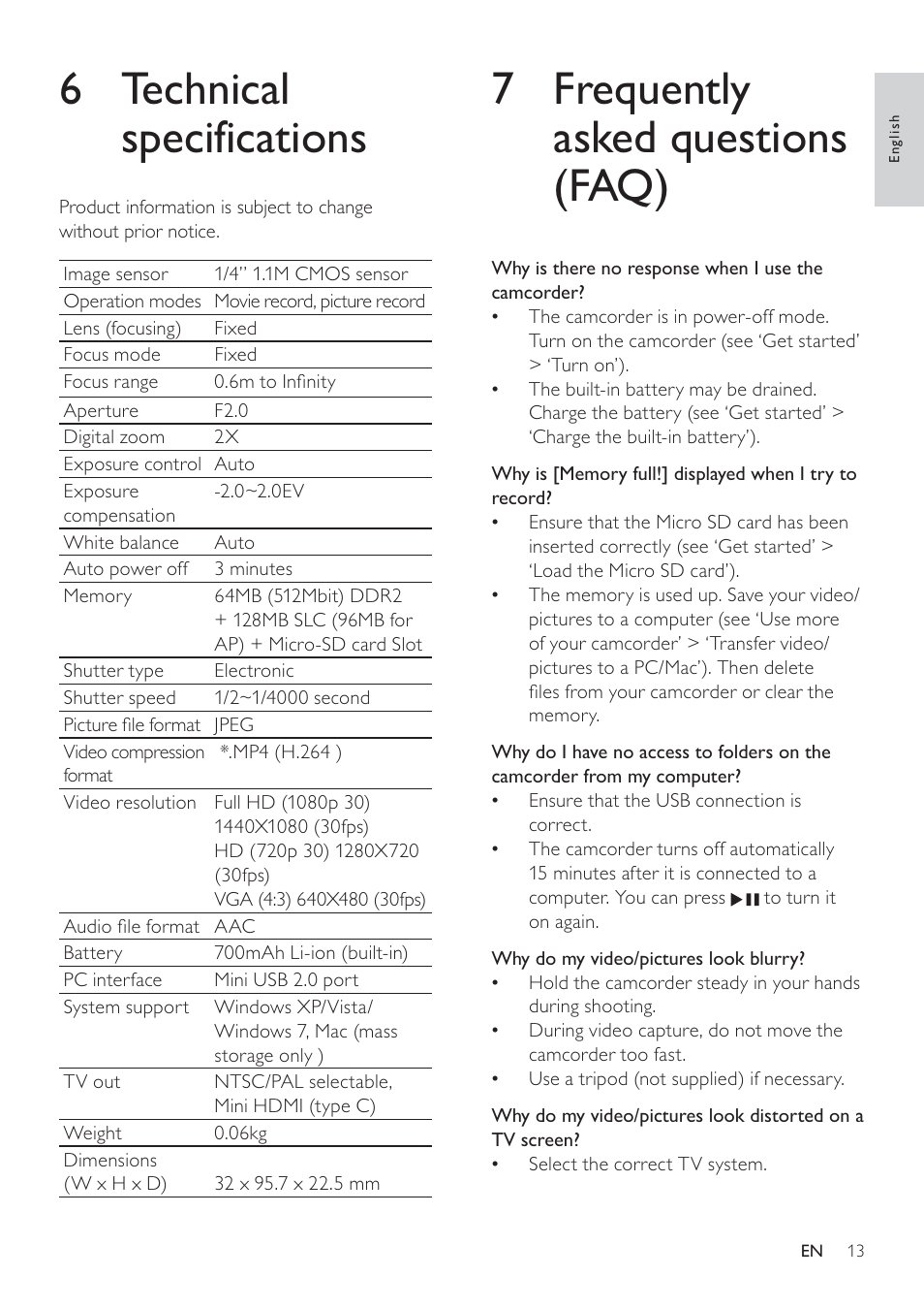 7 frequently asked questions (faq), 6 technical specifications | Philips CAM101BL-00 User Manual | Page 12 / 15