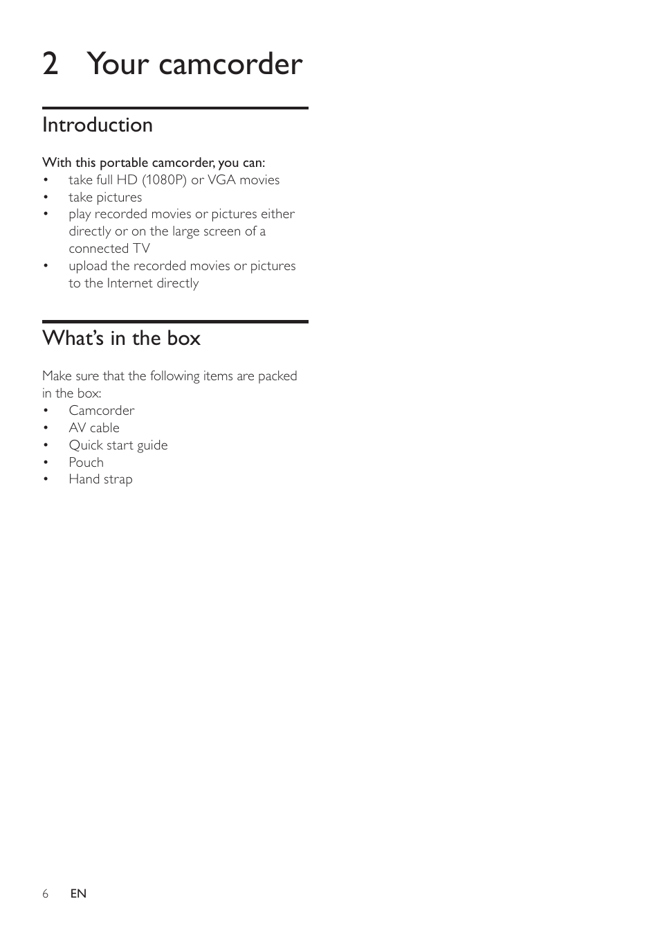 2 your camcorder, Introduction, What’s in the box | Philips CAM101BL-00 User Manual | Page 5 / 15