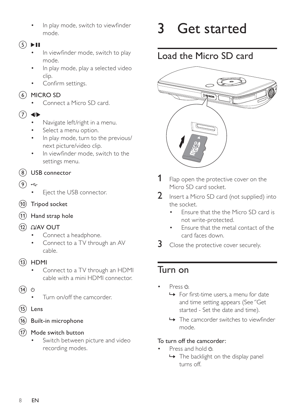 3 get started, Load the micro sd card, Turn on | Philips CAM101BL-00 User Manual | Page 7 / 15