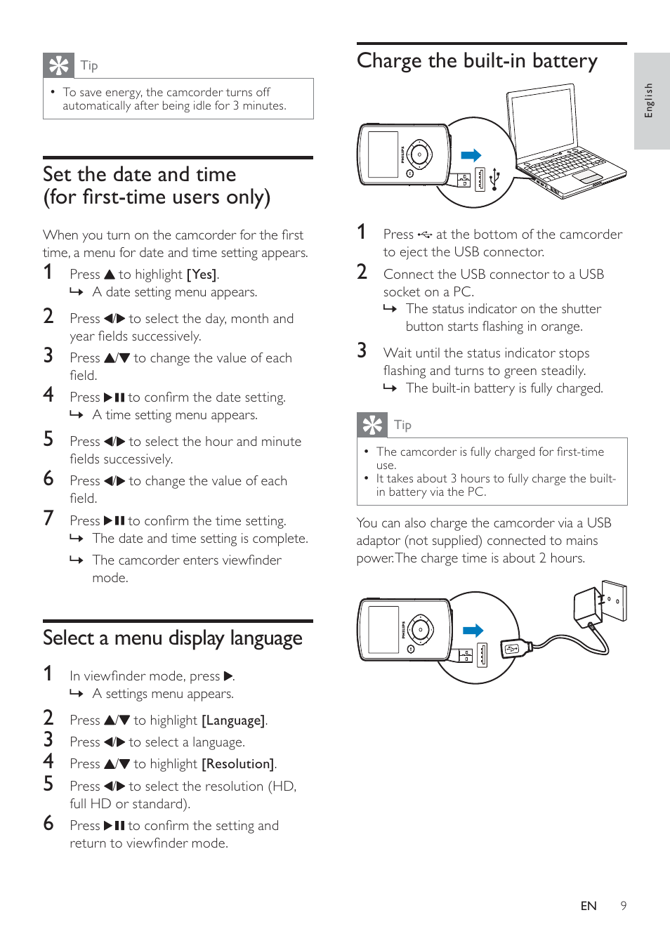 Charge the built-in battery, Set the date and time (for ﬁrst-time users only), Select a menu display language 1 | Philips CAM101BL-00 User Manual | Page 8 / 15