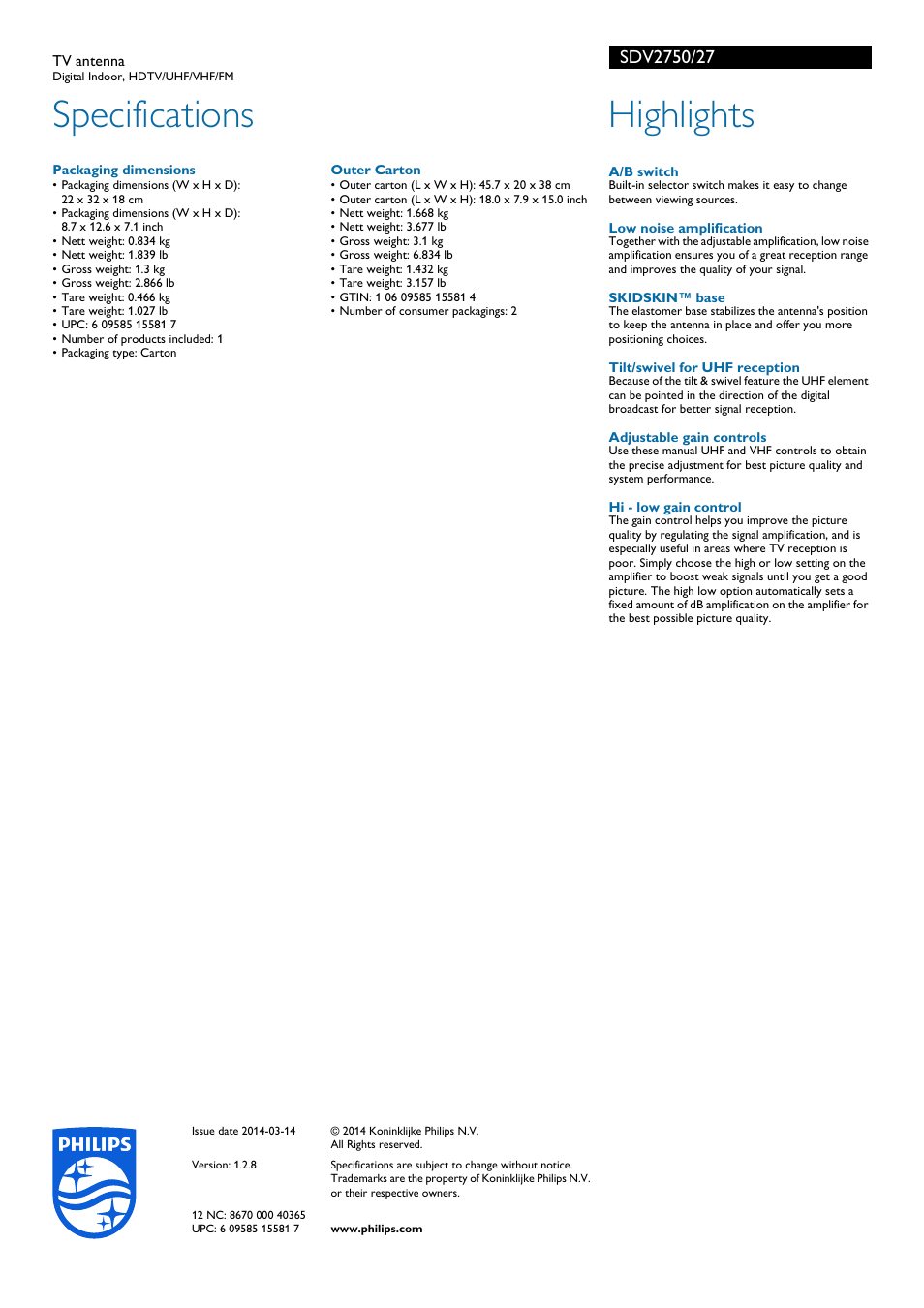 Specifications, Highlights | Philips SDV2750-27 User Manual | Page 2 / 2