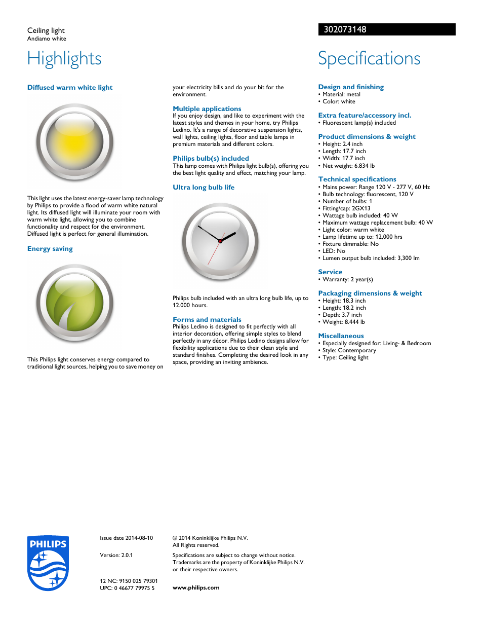 Highlights, Specifications | Philips 302073148 User Manual | Page 2 / 2