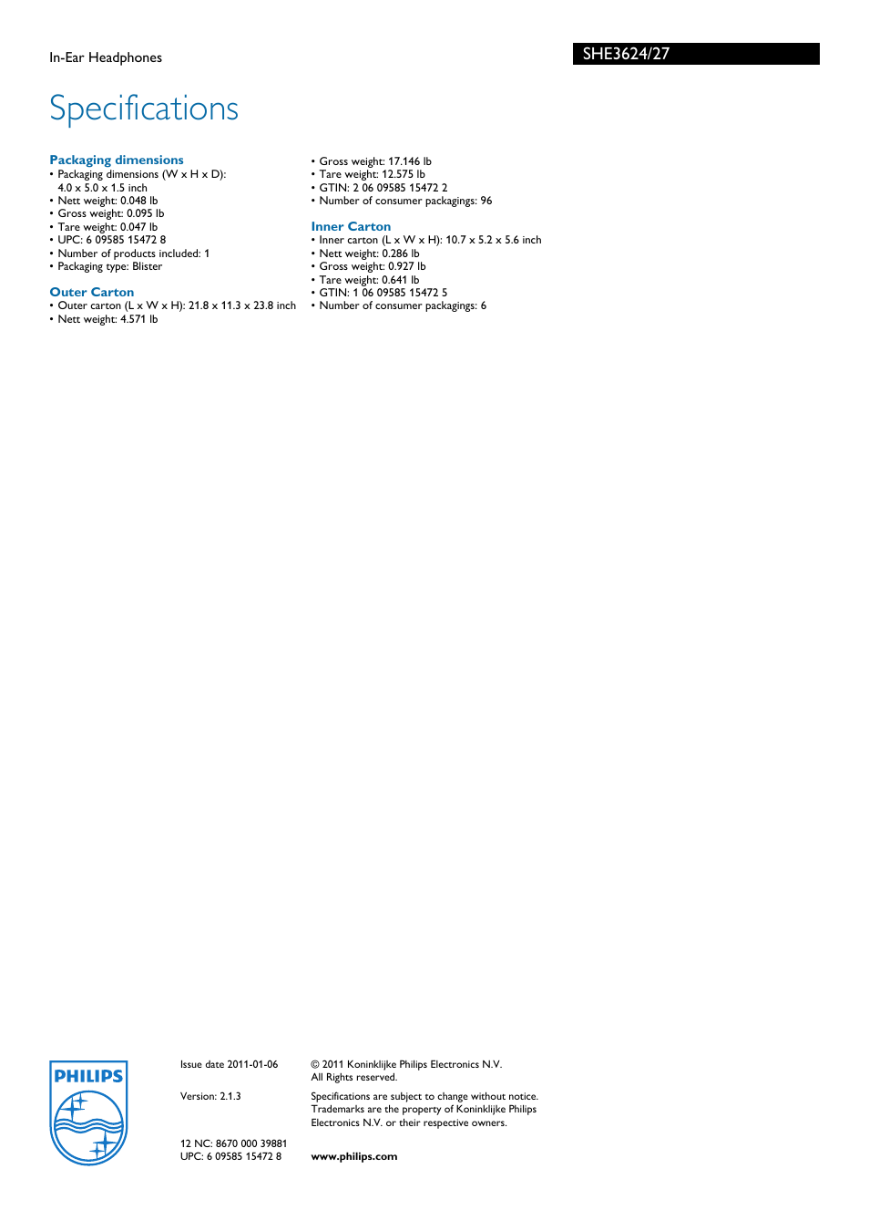 Specifications | Philips SHE3624-27 User Manual | Page 2 / 2