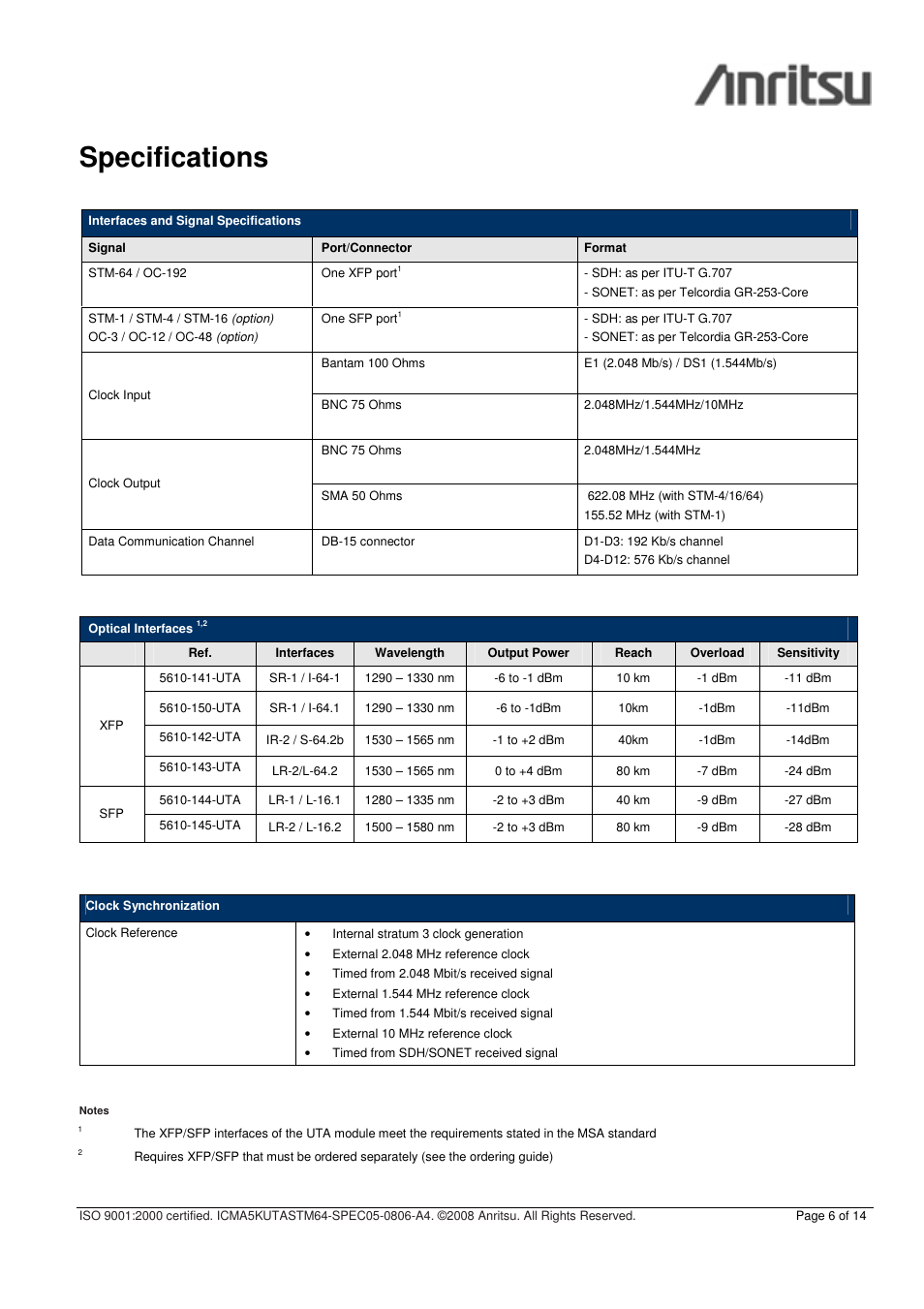Specifications | Anritsu CMA 5000 - UTA User Manual | Page 6 / 14