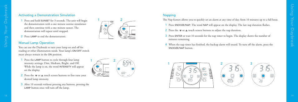 Using y our daybr eak using y our daybr eak, Activating a demonstration simulation, Manual lamp operation | Napping | Philips DayBreak Duo HF3445 User Manual | Page 10 / 14