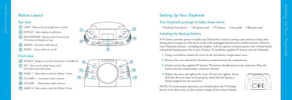 Setting up y our daybr eak button layout, Button layout, Setting up your daybreak | Installing the backup battery, Top view, Front view, Your daybreak package includes these items | Philips DayBreak Duo HF3445 User Manual | Page 5 / 14