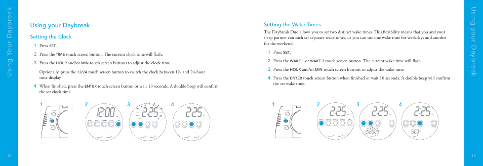 Using y our daybr eak using your daybr eak, Using your daybreak, Setting the clock | Setting the wake times | Philips DayBreak Duo HF3445 User Manual | Page 7 / 14