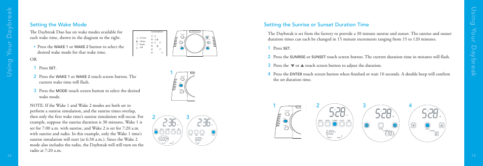 Using y our daybr eak using y our daybr eak, Setting the wake mode, Setting the sunrise or sunset duration time | Philips DayBreak Duo HF3445 User Manual | Page 8 / 14