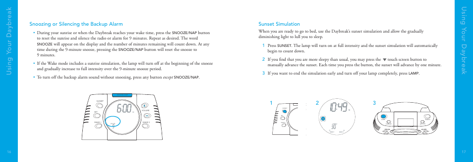 Using y our daybr eak using y our daybr eak, Snoozing or silencing the backup alarm, Sunset simulation | Philips DayBreak Duo HF3445 User Manual | Page 9 / 14