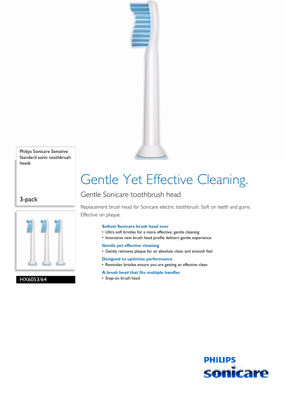 Philips Sonicare Sensitive Standard sonic toothbrush heads HX6053-64 3-pack User Manual | 2 pages