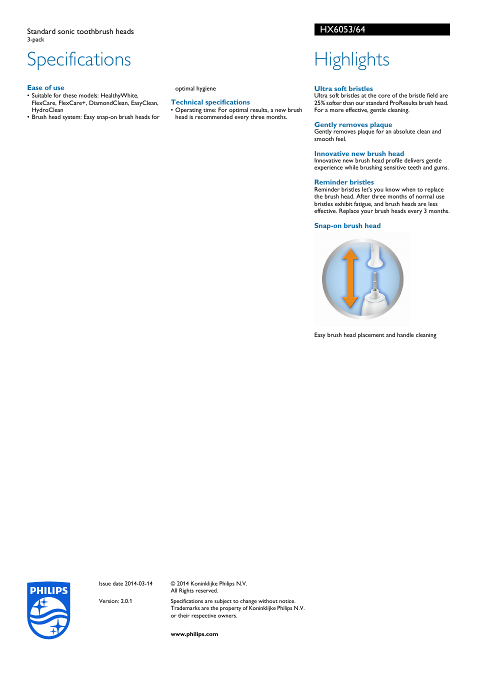 Specifications, Highlights | Philips Sonicare Sensitive Standard sonic toothbrush heads HX6053-64 3-pack User Manual | Page 2 / 2