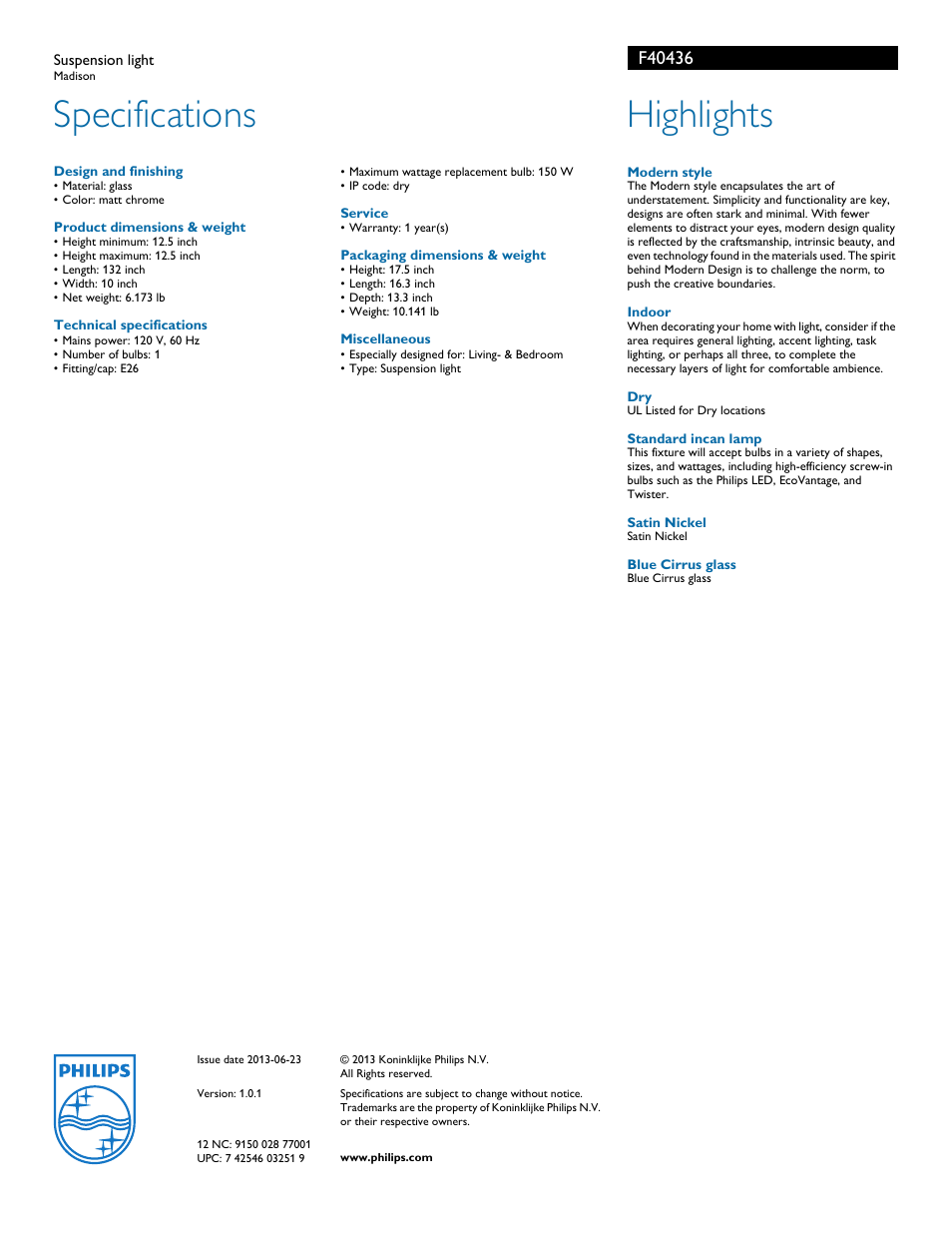 Specifications, Highlights | Philips F40436 User Manual | Page 2 / 2
