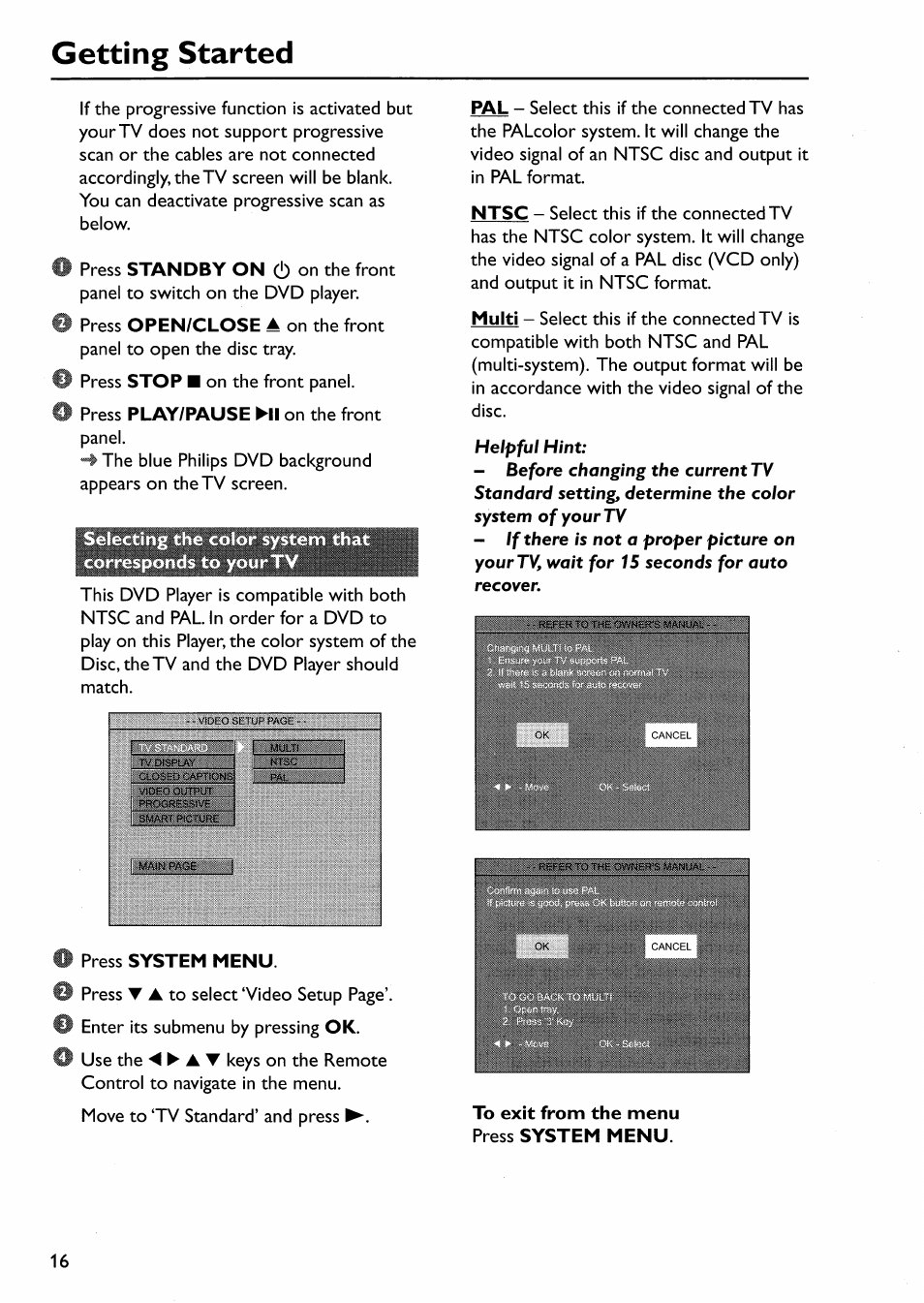 Getting started | Philips DVP642-17 User Manual | Page 16 / 42