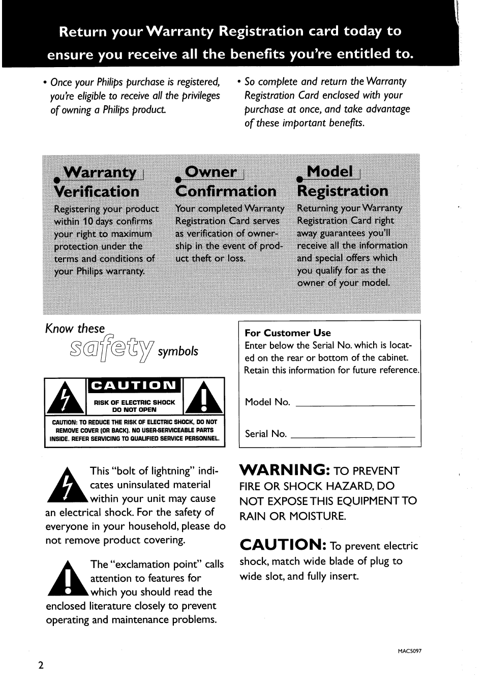 Warranty i verification, Owner i confirnmation, Model i registration | Warning, Caution | Philips DVP642-17 User Manual | Page 2 / 42