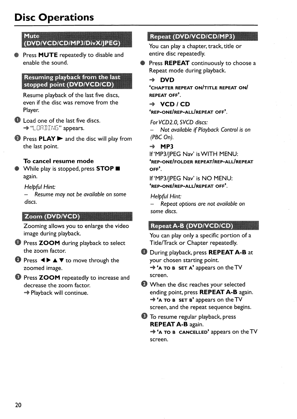 Mute, Dvd/vcd/cd/mp3/divx/jpeg), To cancel resume mode | Zoom (dvd/vcd, Repeat (dvd/vcd/cd/mp3), Vcd / cd, Repeat a-b (dvd/vcd/cd), Disc operations | Philips DVP642-17 User Manual | Page 20 / 42