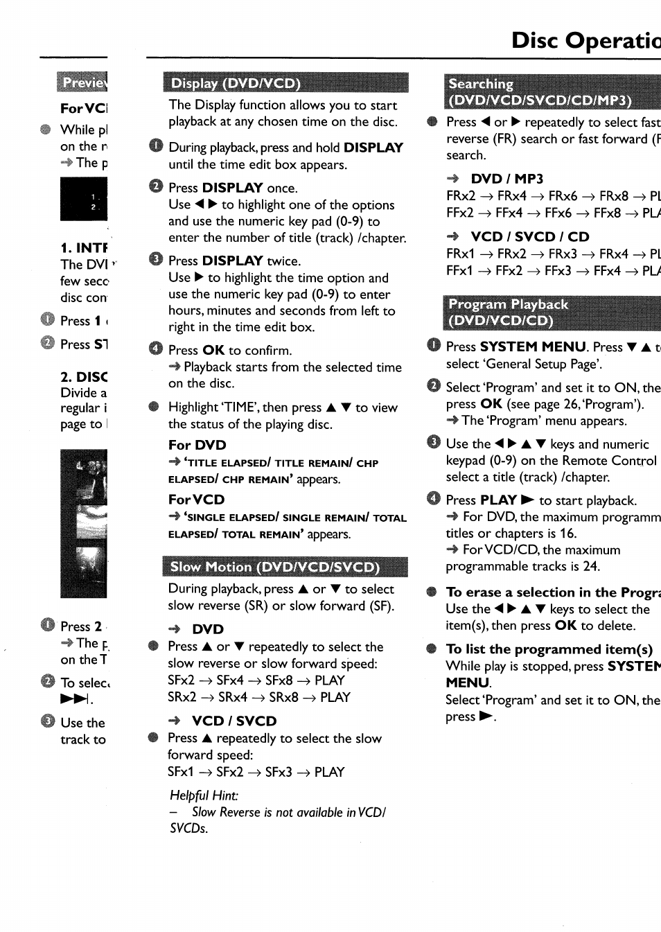 Forvci, Intf, Disc | Display (dvd/vcd), Press display once, O press display twice, Slow motion (dvd/vcd/svcd), Vcd / svcd, Searching, Dvd/vcd/svcd/cd/mp3) | Philips DVP642-17 User Manual | Page 21 / 42