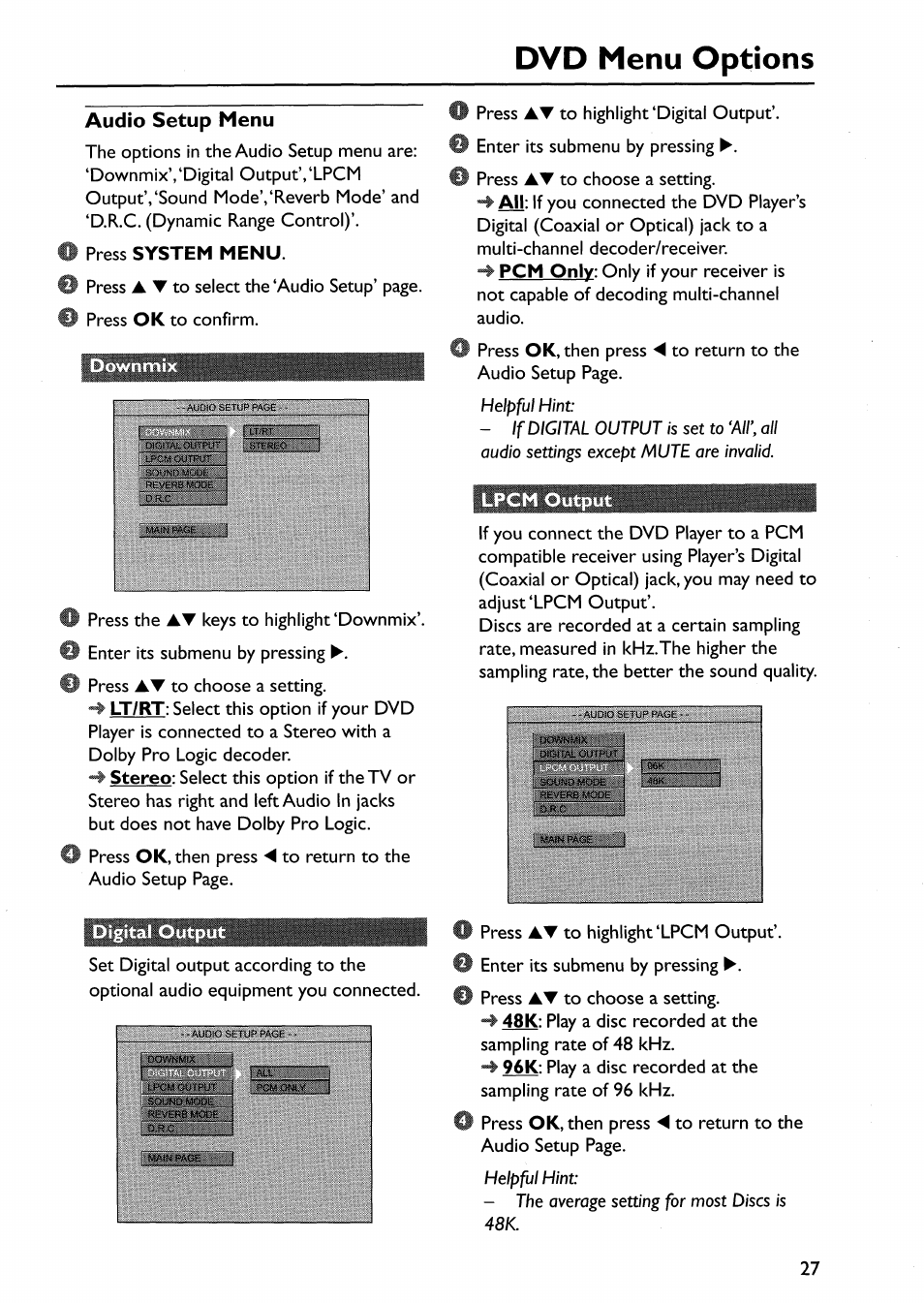 Audio setup menu, O press system menu, Downmix | Digital outp, Lpcm output, Dvd menu options | Philips DVP642-17 User Manual | Page 25 / 42