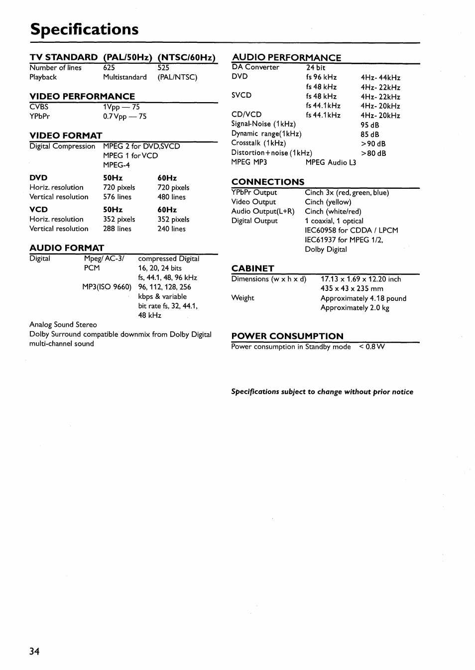 Specifications | Philips DVP642-17 User Manual | Page 32 / 42