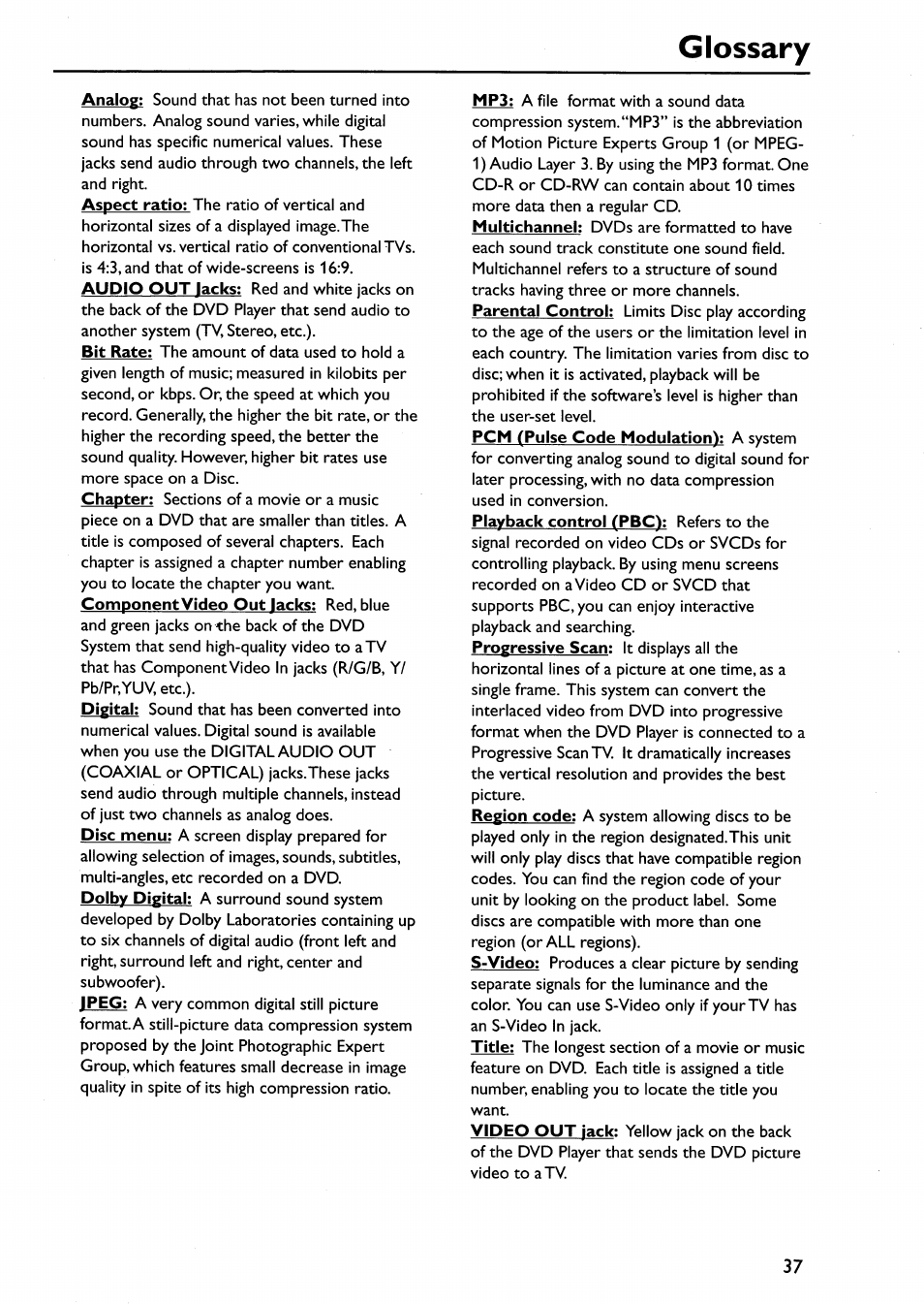 Glossary | Philips DVP642-17 User Manual | Page 35 / 42