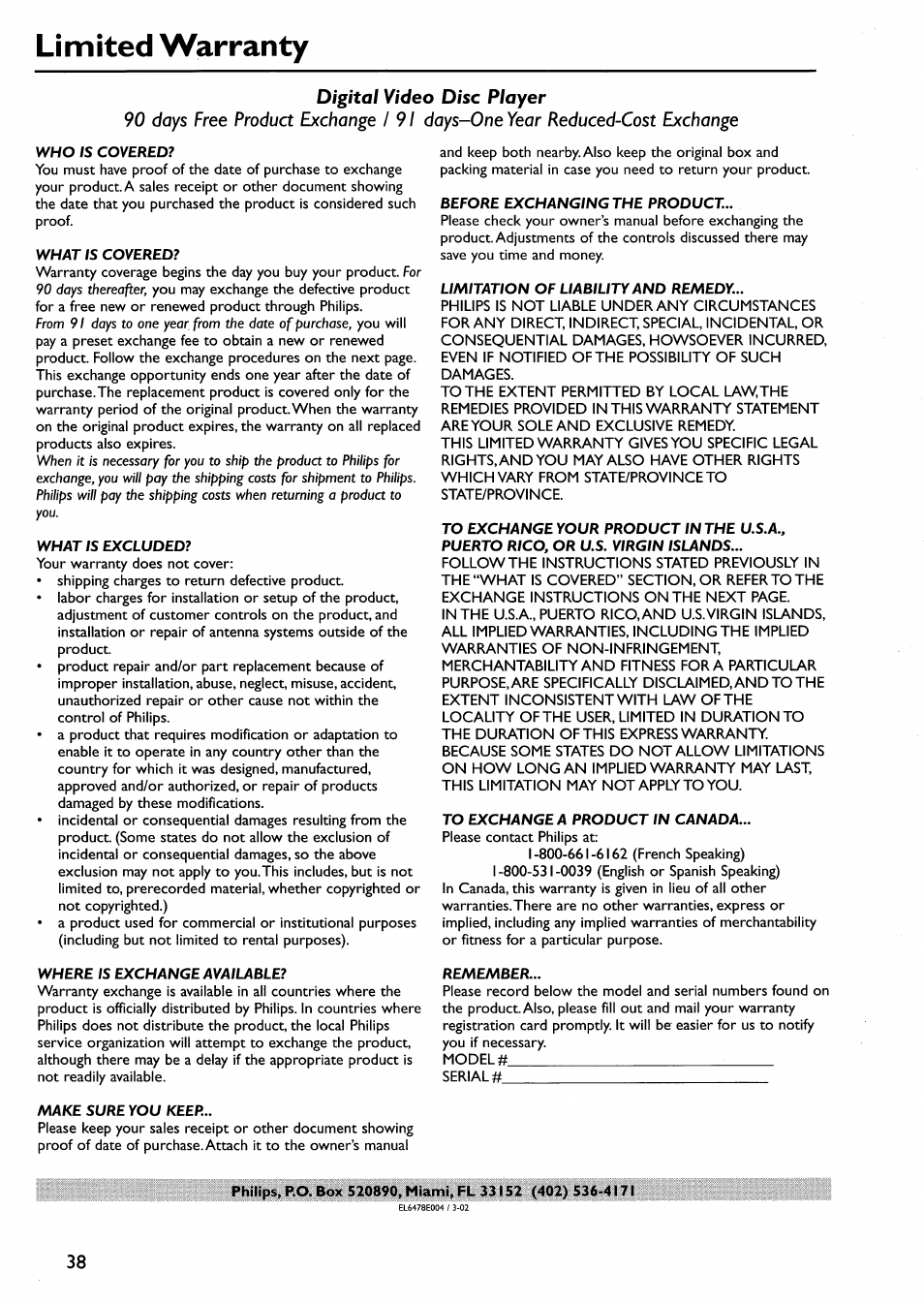 Limited warranty | Philips DVP642-17 User Manual | Page 36 / 42