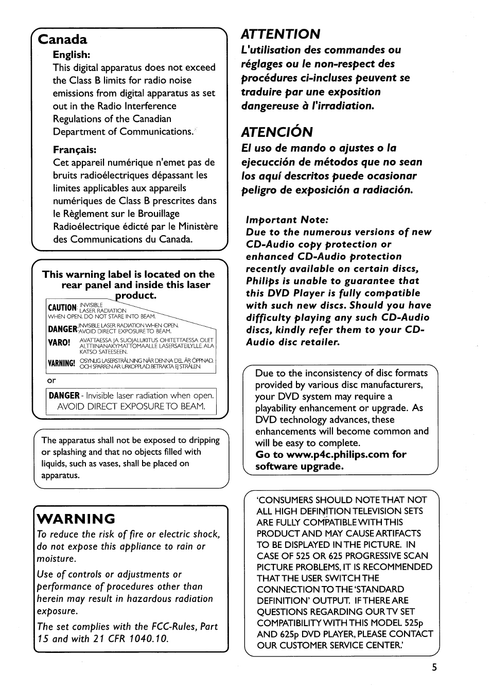 Canada, Warning, Attention | Atención | Philips DVP642-17 User Manual | Page 5 / 42