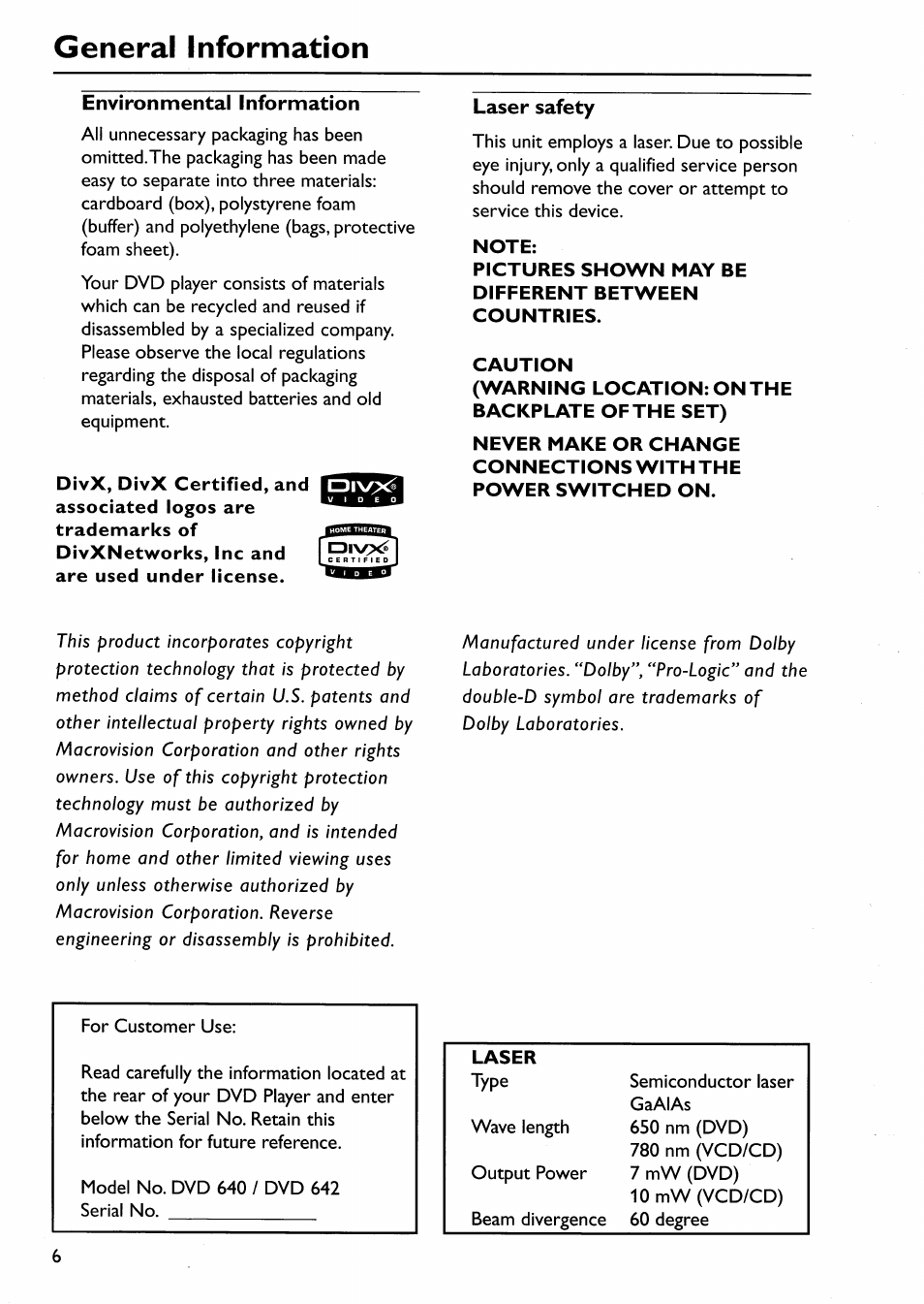 General information | Philips DVP642-17 User Manual | Page 6 / 42