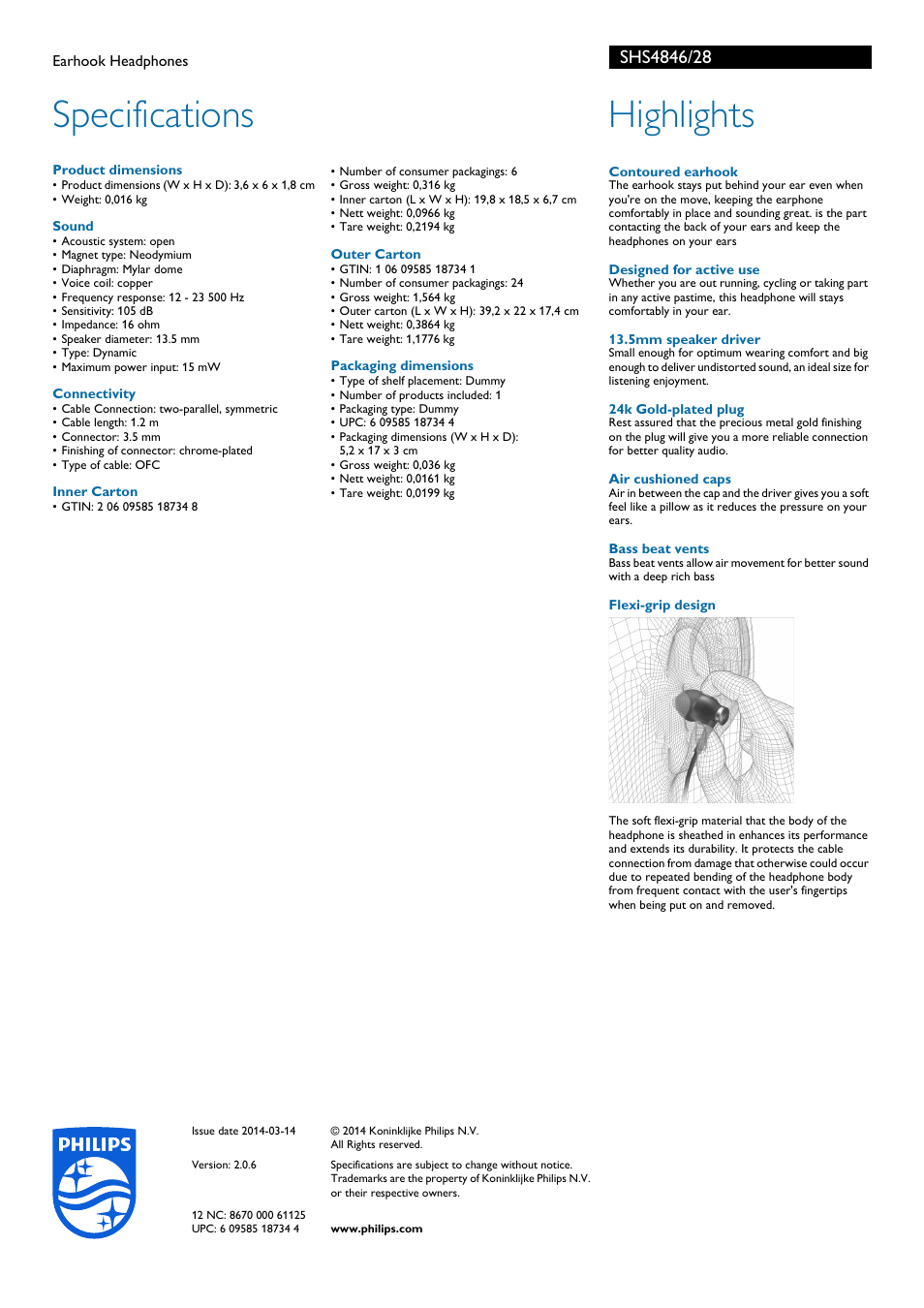 Specifications, Highlights | Philips SHS4846-28 User Manual | Page 2 / 2