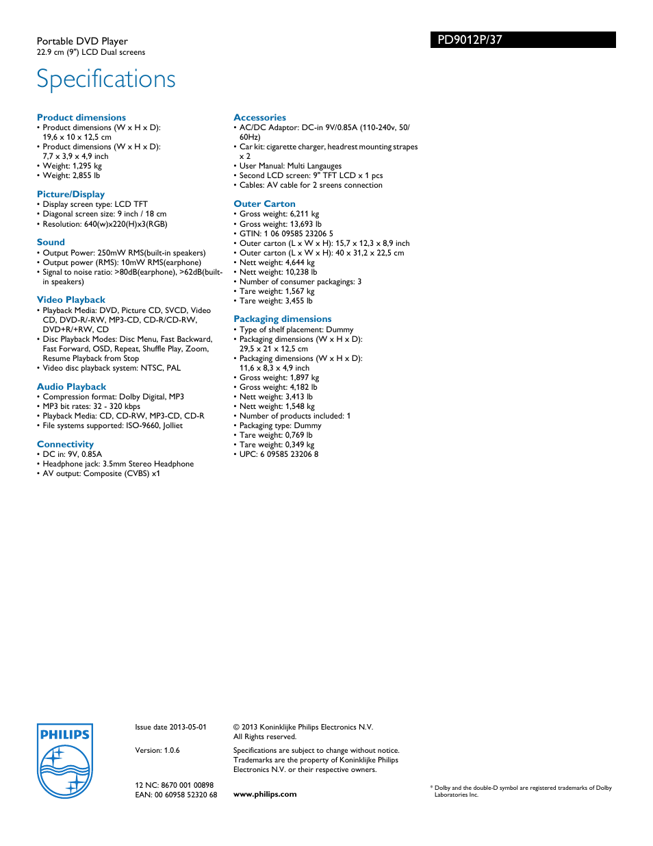 Specifications | Philips PD9012P-37 User Manual | Page 3 / 3