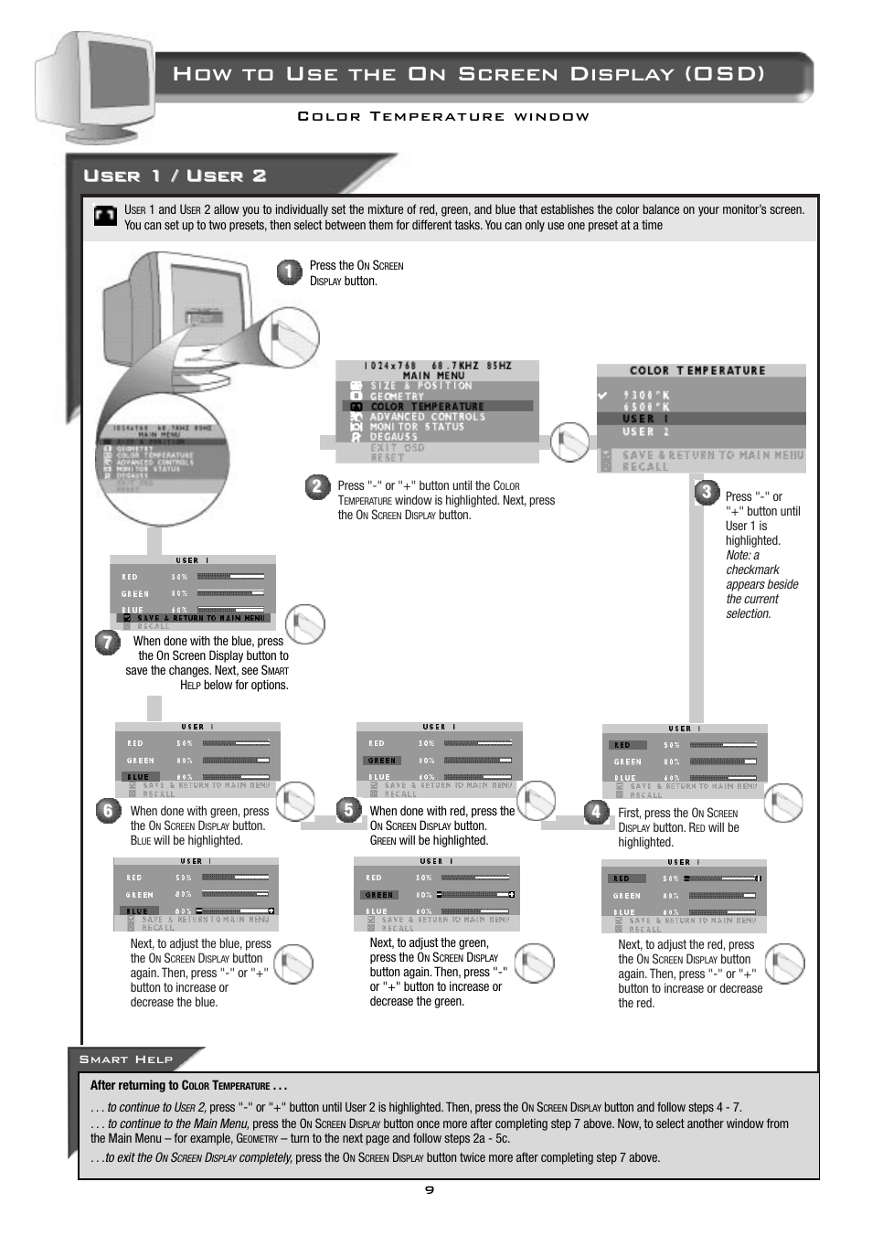 How to use the on screen display (osd), User 1 / user 2 | Philips 17B2402H99 User Manual | Page 10 / 18