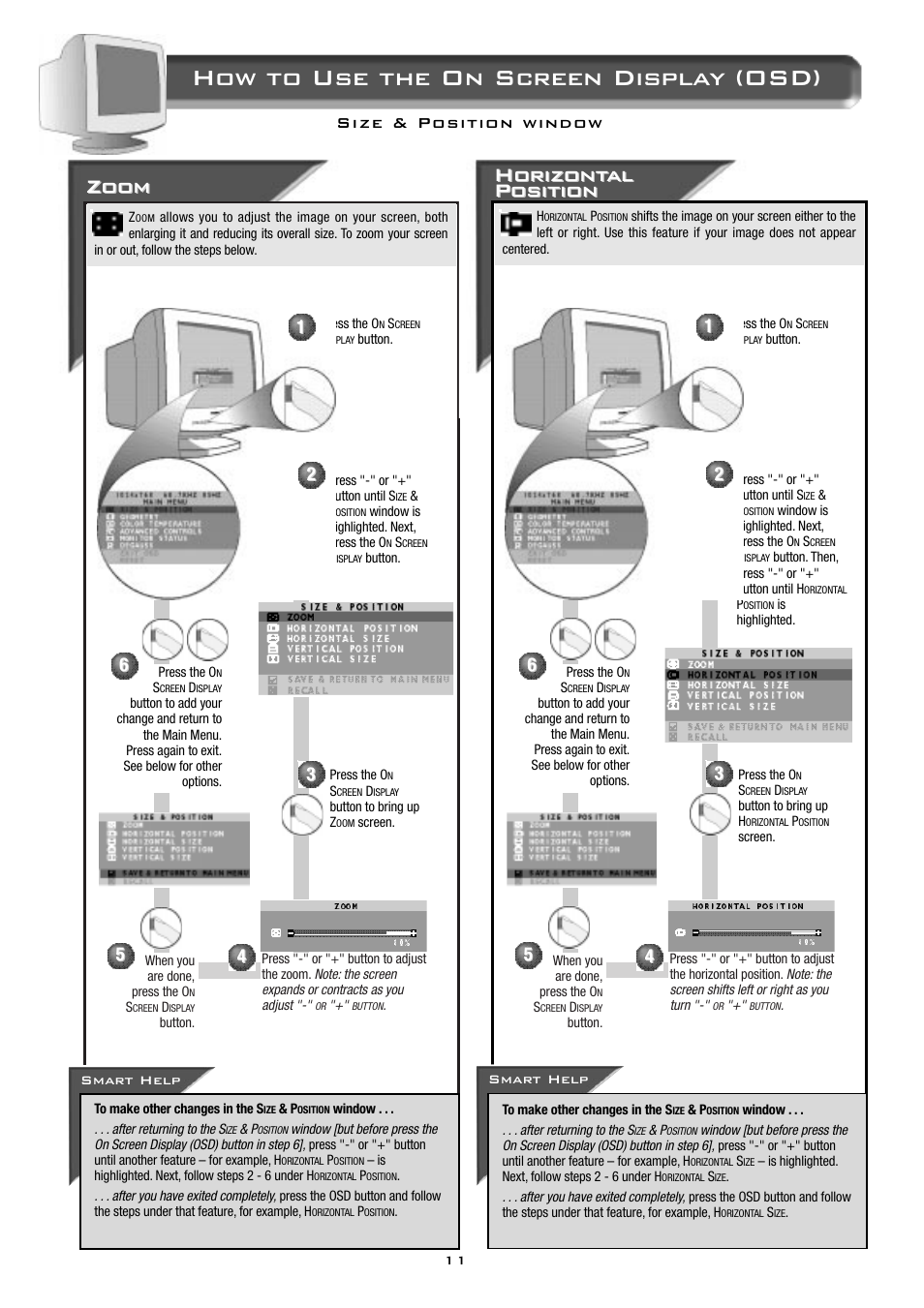 How to use the on screen display (osd), Zoom, Horizont | Horizont al al position position | Philips 17B2402H99 User Manual | Page 12 / 18