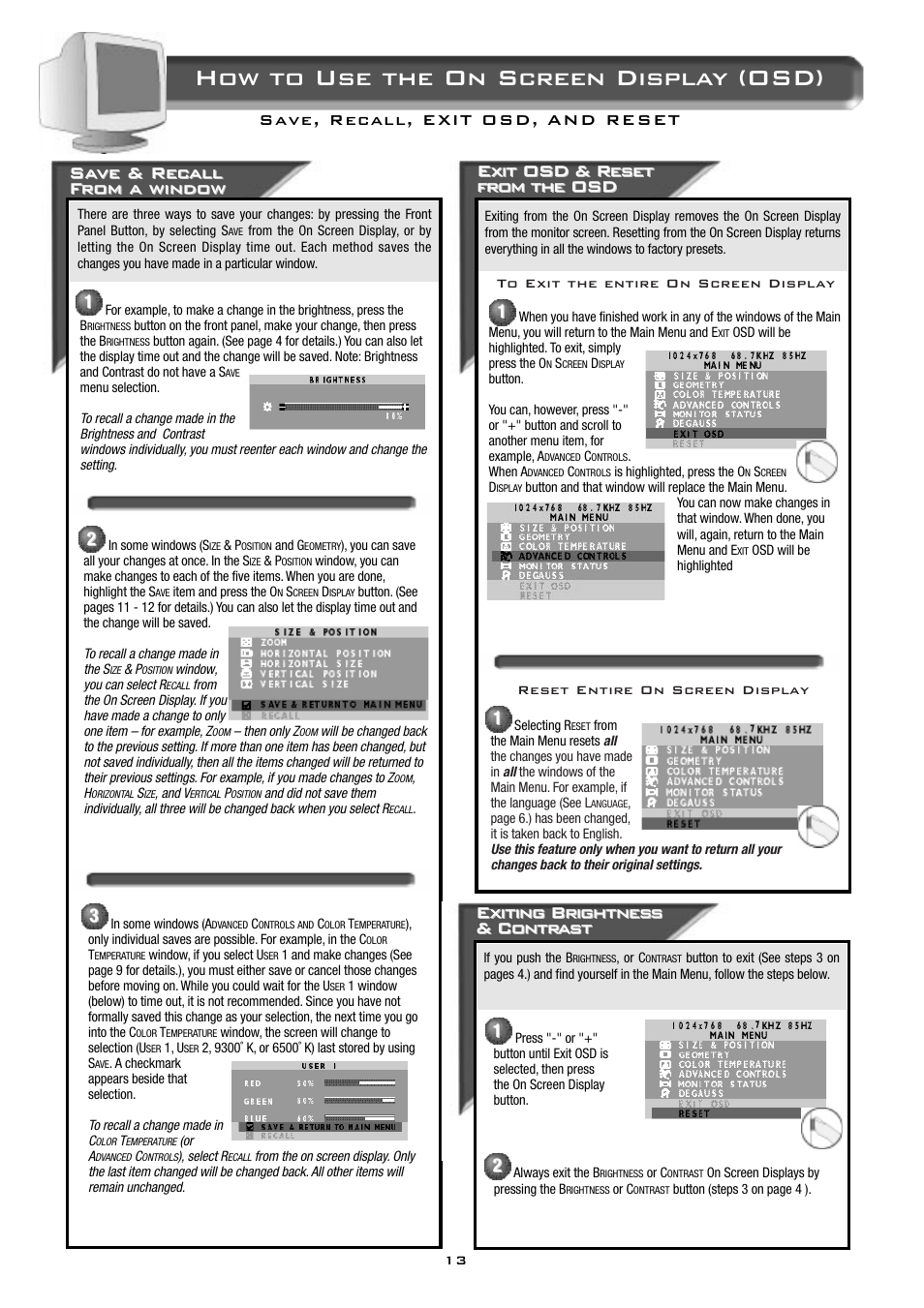 How to use the on screen display (osd), Exit osd & r, Exit osd & r eset eset from the osd from the osd | Exiting brightnes, Exiting brightnes s s & contr & contr ast ast | Philips 17B2402H99 User Manual | Page 14 / 18