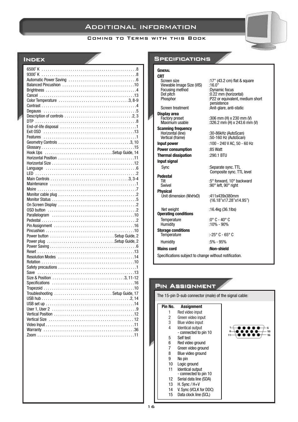 Additional information, Pin as, Pin as signment signment | Specific, Specific a a tions tions, Index | Philips 17B2402H99 User Manual | Page 17 / 18