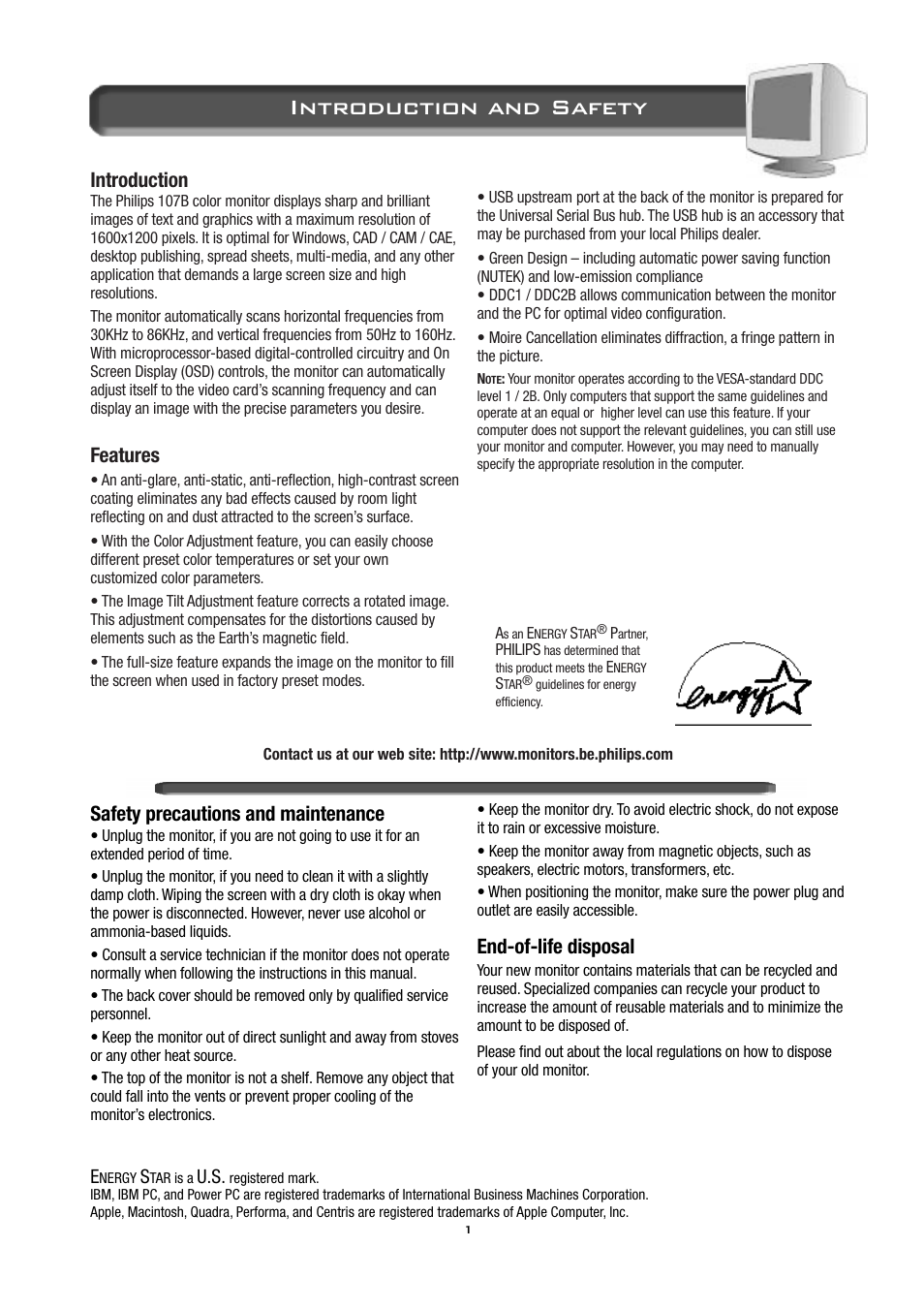 Introduction and safety, Safety precautions and maintenance, End-of-life disposal | Introduction, Features | Philips 17B2402H99 User Manual | Page 2 / 18