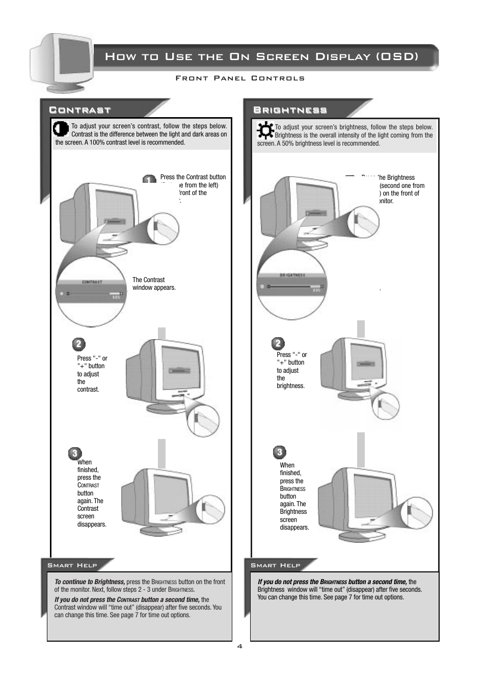 How to use the on screen display (osd), Contr, Contr ast ast | Brightnes, Brightnes s s | Philips 17B2402H99 User Manual | Page 5 / 18