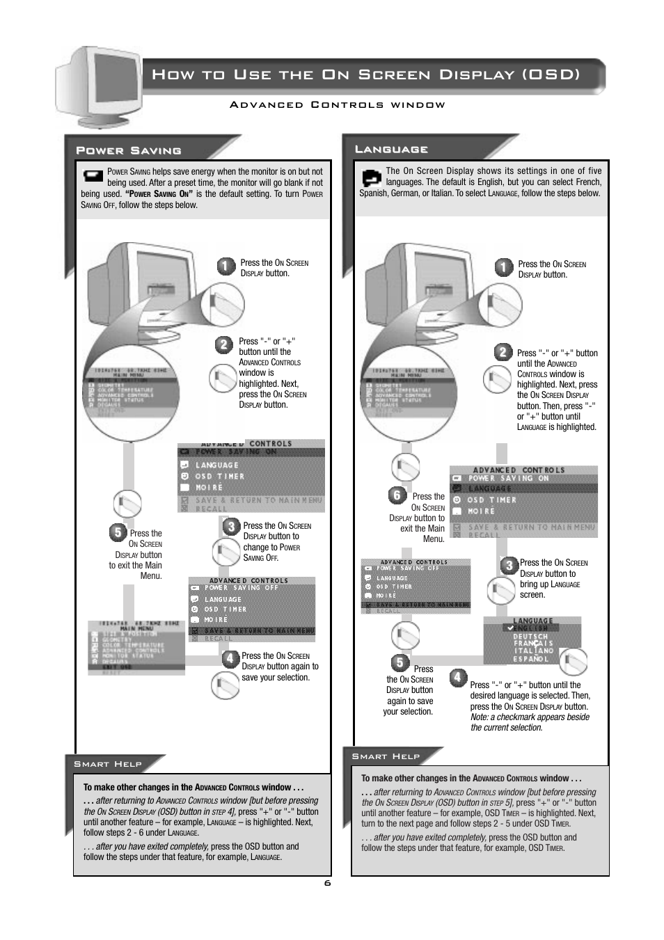 How to use the on screen display (osd), Power sa, Power sa ving ving | Langu angu age age | Philips 17B2402H99 User Manual | Page 7 / 18