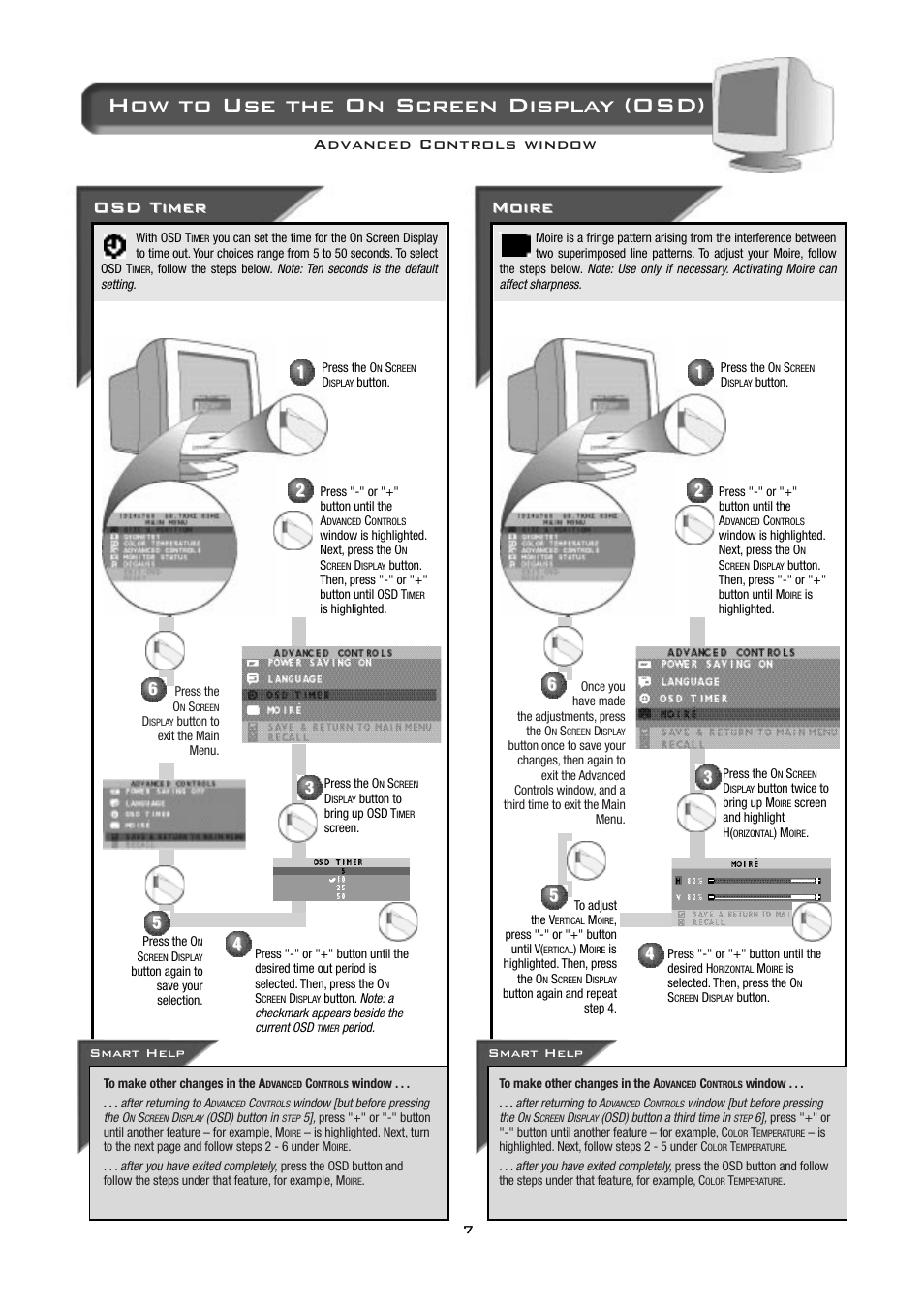 How to use the on screen display (osd), Osd timer, Moire | Advanced controls window | Philips 17B2402H99 User Manual | Page 8 / 18