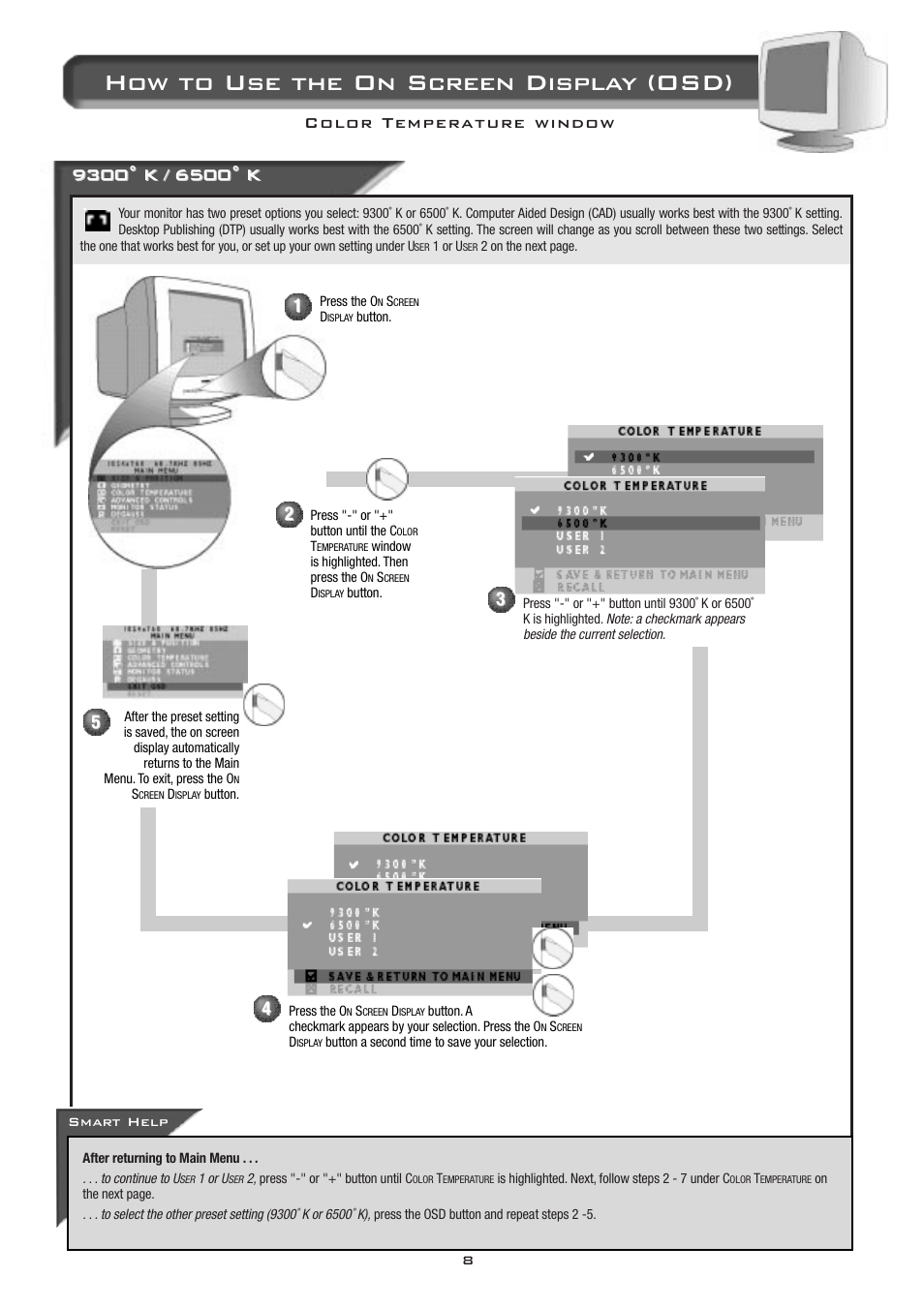 How to use the on screen display (osd) | Philips 17B2402H99 User Manual | Page 9 / 18