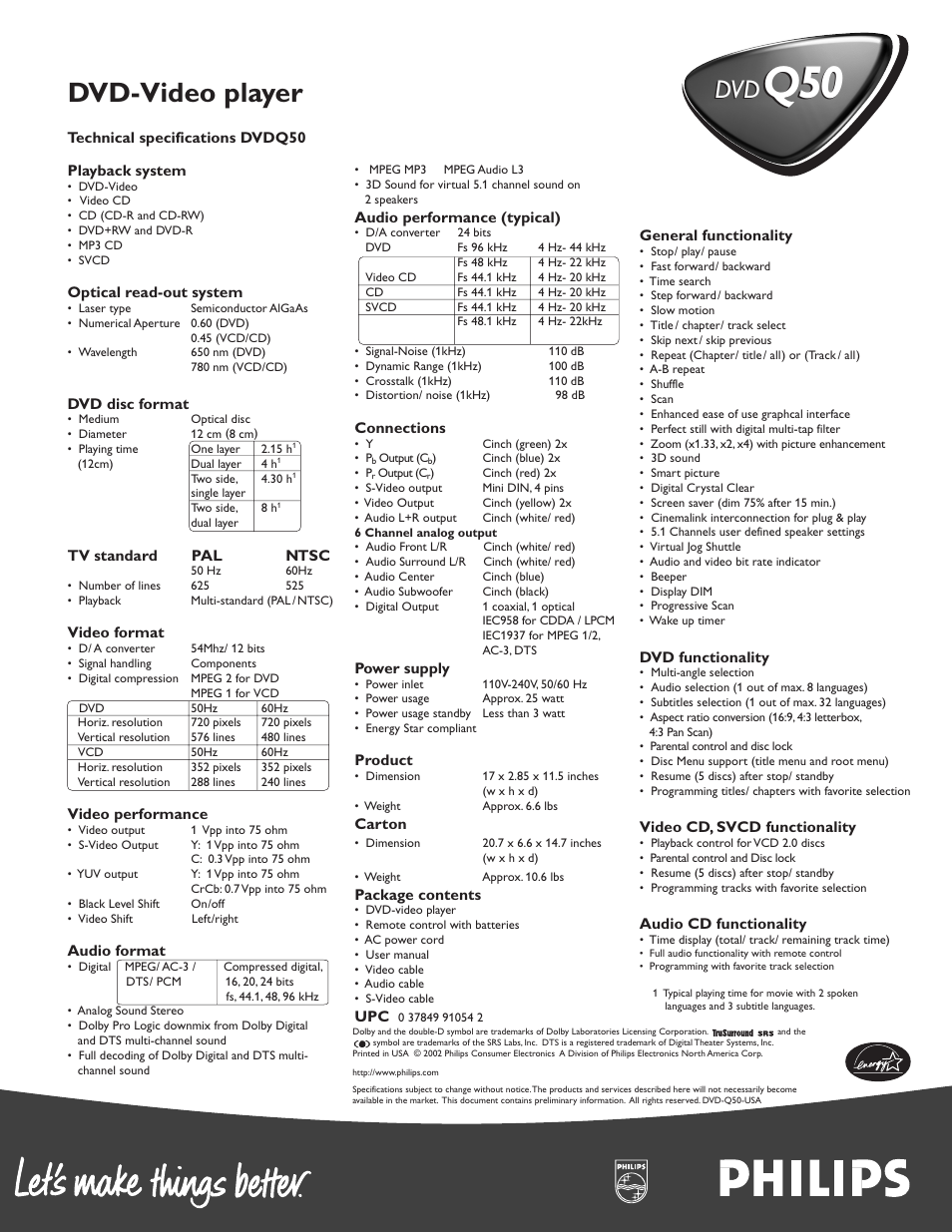 Dvd-video player | Philips DVDQ50AT99 User Manual | Page 2 / 2