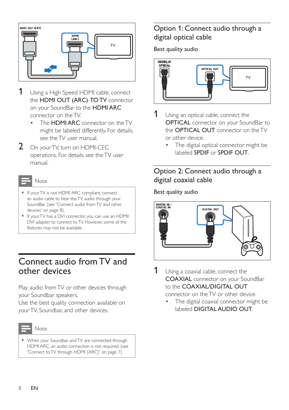 Connect audio from tv and other devices, Connect audio from tv and other devices 8 | Philips HTL3110B-F7 User Manual | Page 10 / 22