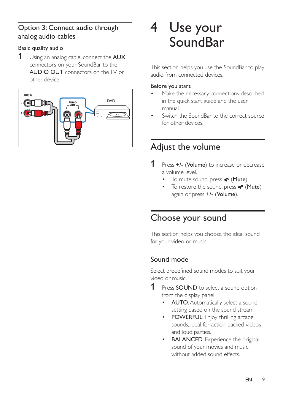 4 use your soundbar, Adjust the volume, Choose your sound | Philips HTL3110B-F7 User Manual | Page 11 / 22