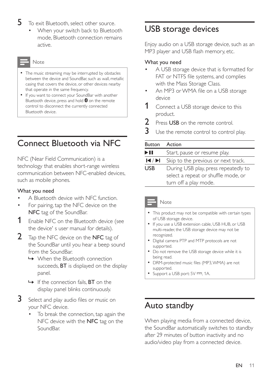 Connect bluetooth via nfc, Usb storage devices, Auto standby | Philips HTL3110B-F7 User Manual | Page 13 / 22