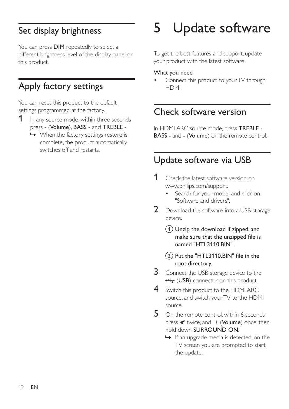 Set display brightness, Apply factory settings, 5 update software | Check software version, Update software via usb, Update software via usb 1 | Philips HTL3110B-F7 User Manual | Page 14 / 22