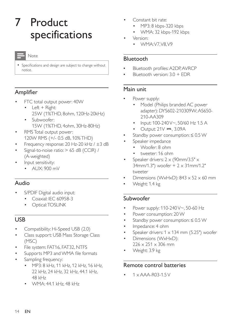 7 product specifications | Philips HTL3110B-F7 User Manual | Page 16 / 22