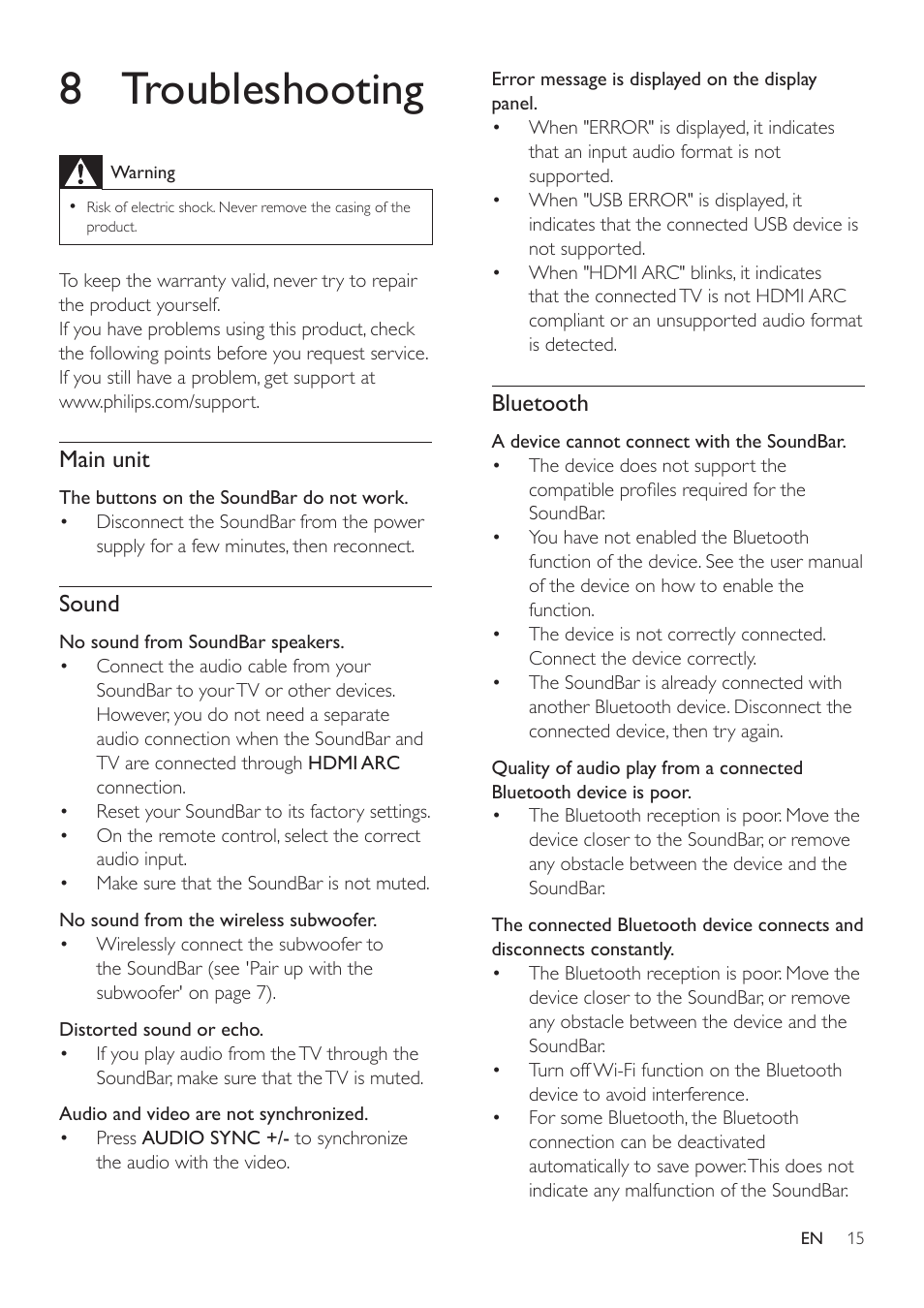 8 troubleshooting, Main unit, Sound | Bluetooth | Philips HTL3110B-F7 User Manual | Page 17 / 22